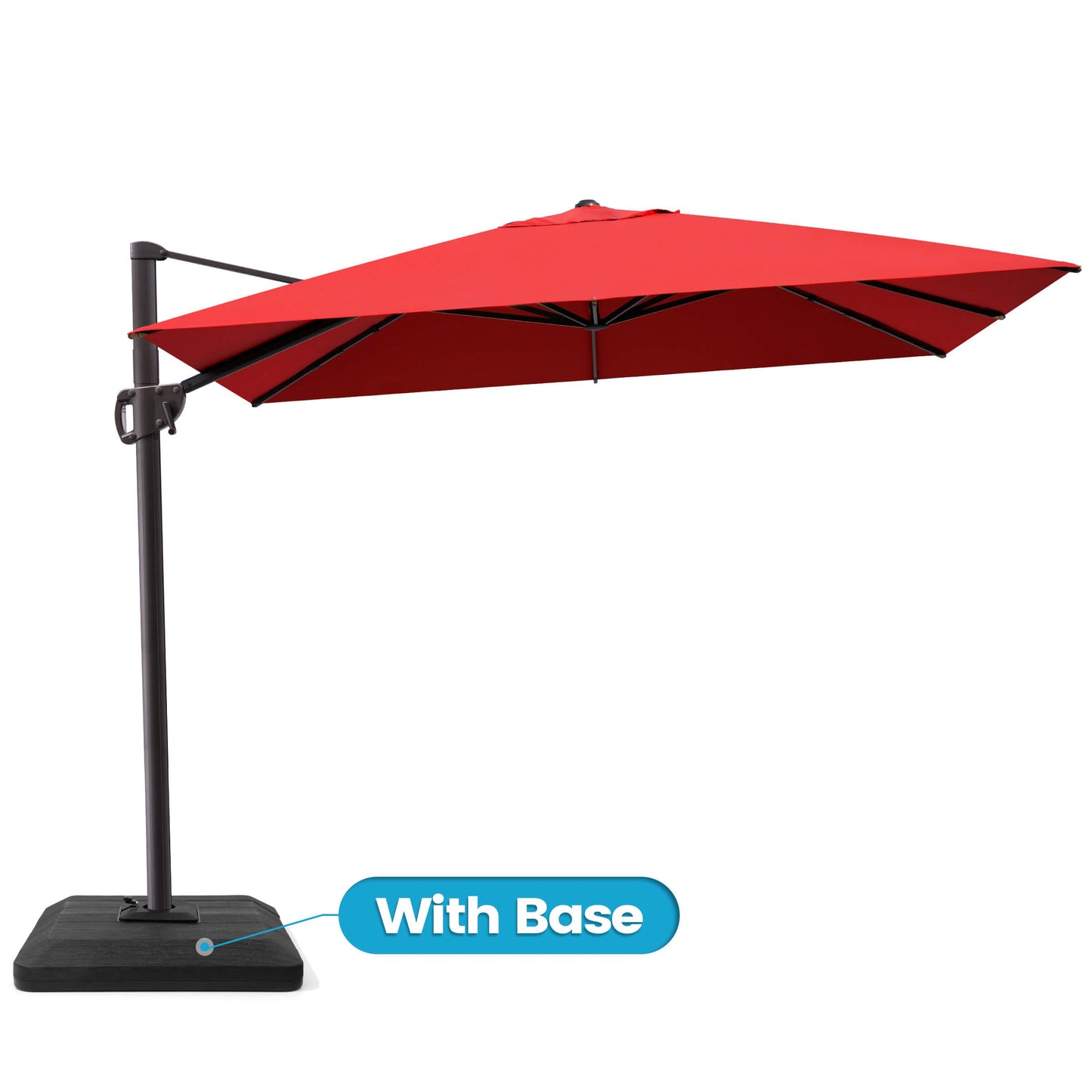 Red rectangular cantilever patio umbrella with weighted base.