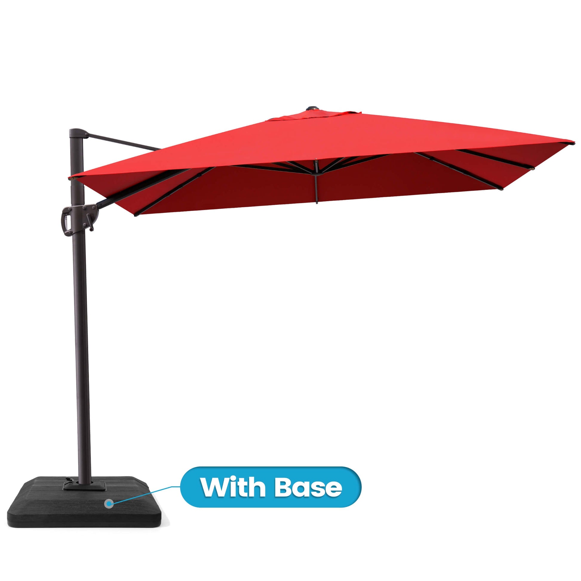 Red rectangular cantilever patio umbrella with weighted base.