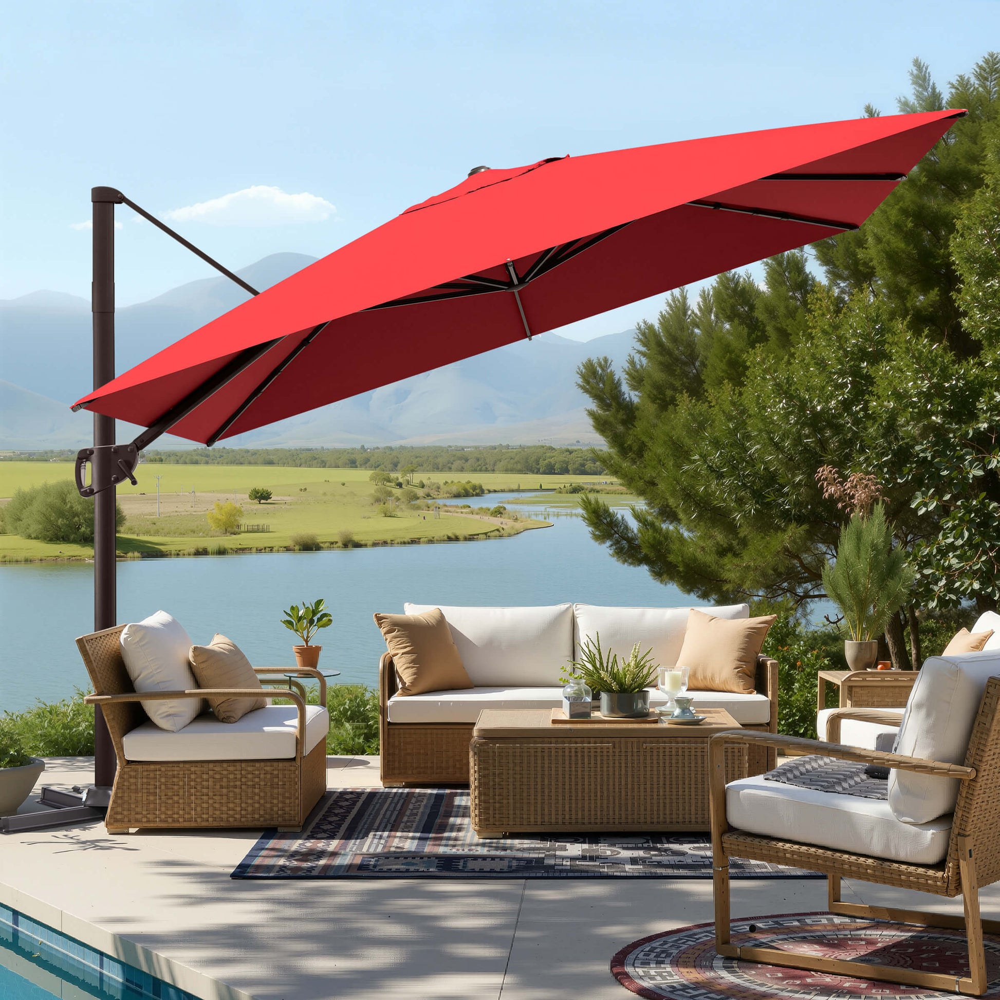 Red rectangular cantilever patio umbrella shading an outdoor lounge set.