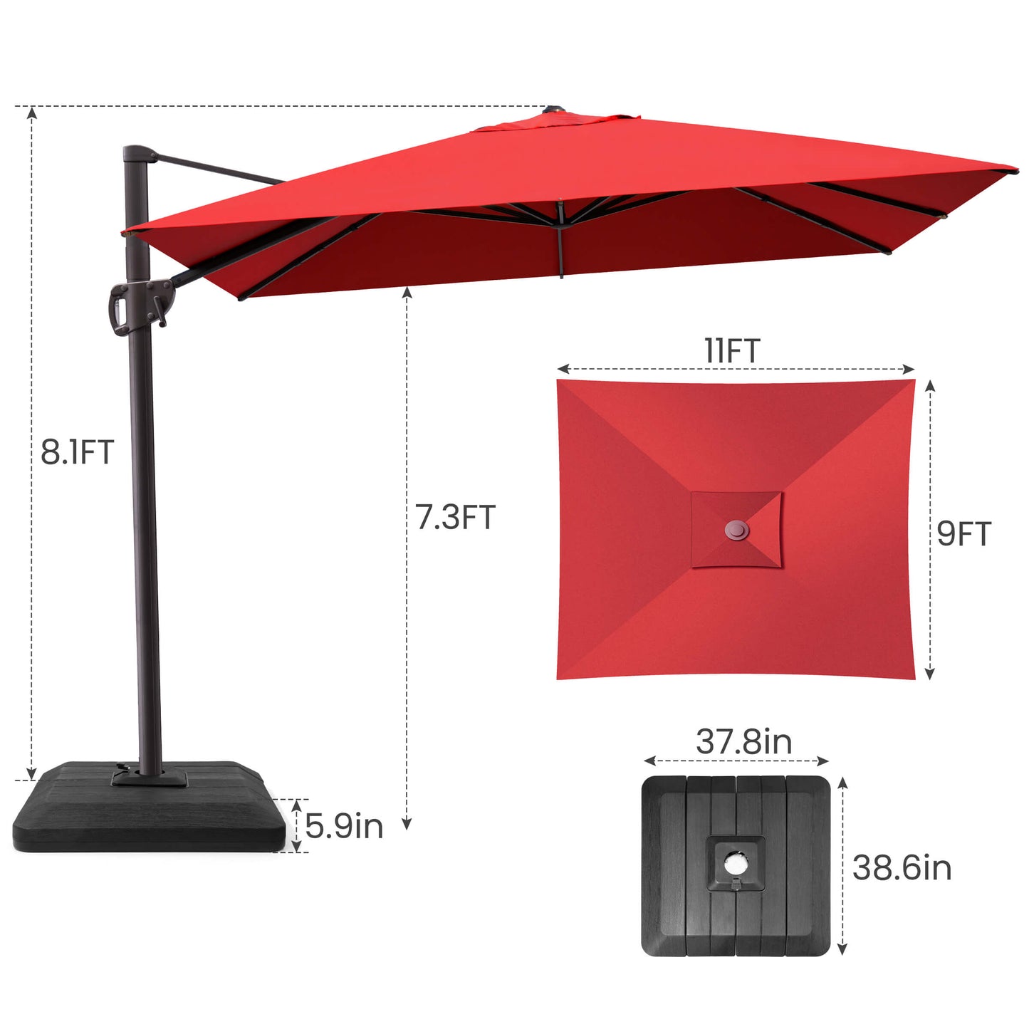 11x9 FT red rectangular cantilever umbrella & weighted base dimensions.