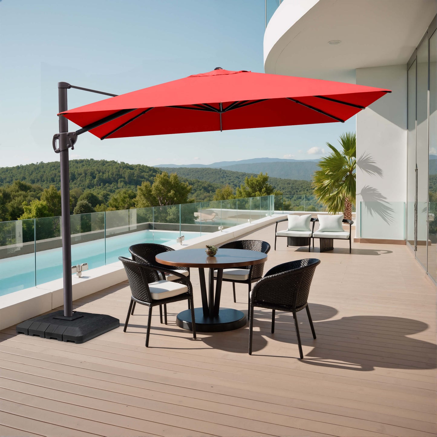 Red rectangular cantilever umbrella with weighted base shading a poolside patio dining set.