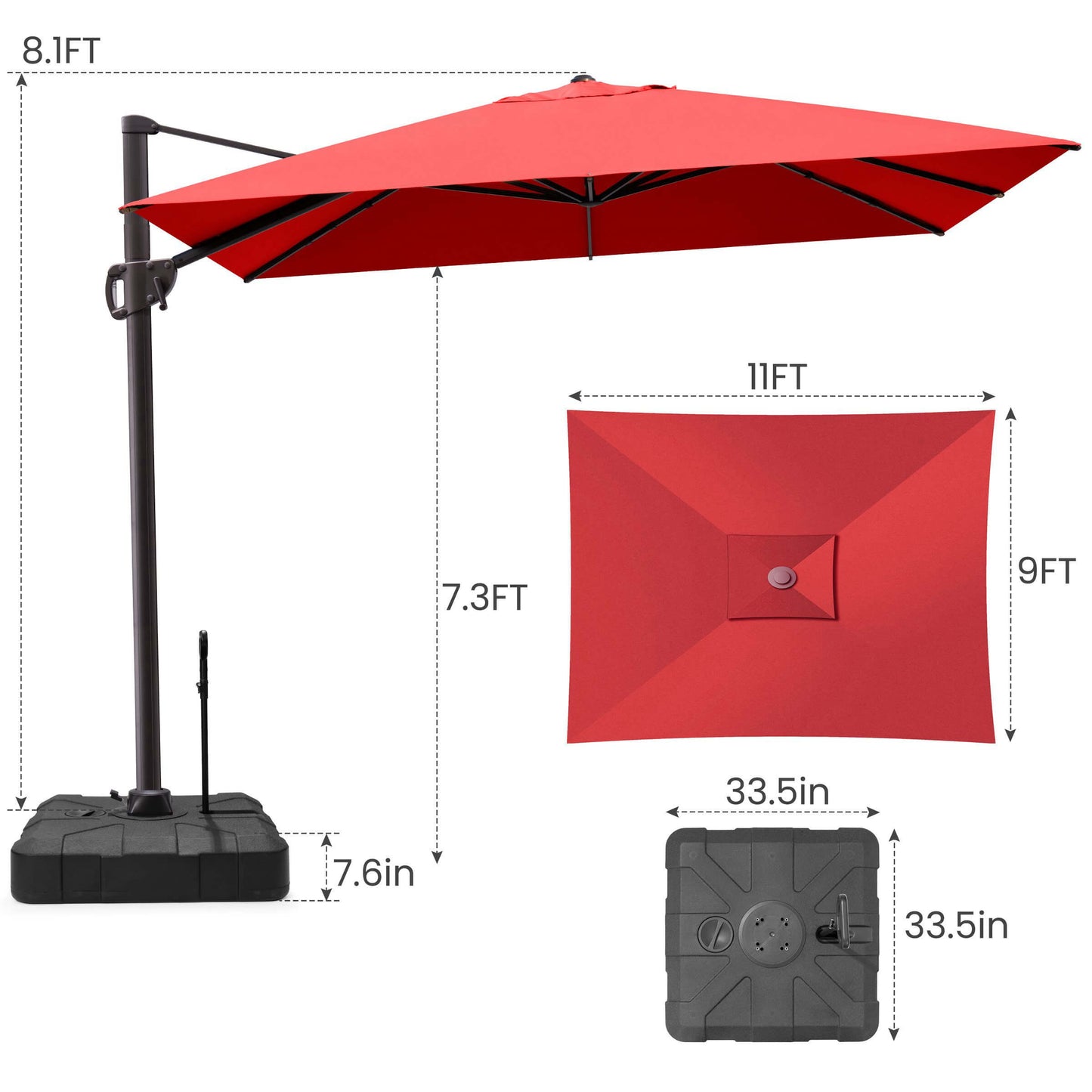 11x9 FT red rectangular cantilever umbrella & pull-rod base dimensions.
