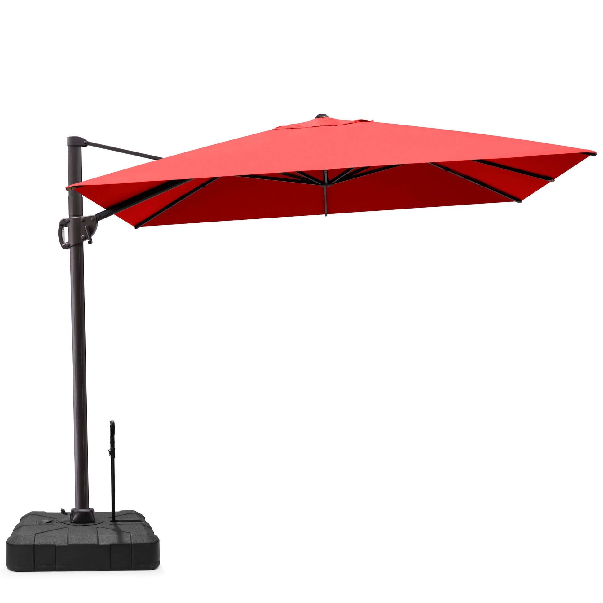 Red rectangular cantilever patio umbrella with pull-rod base.