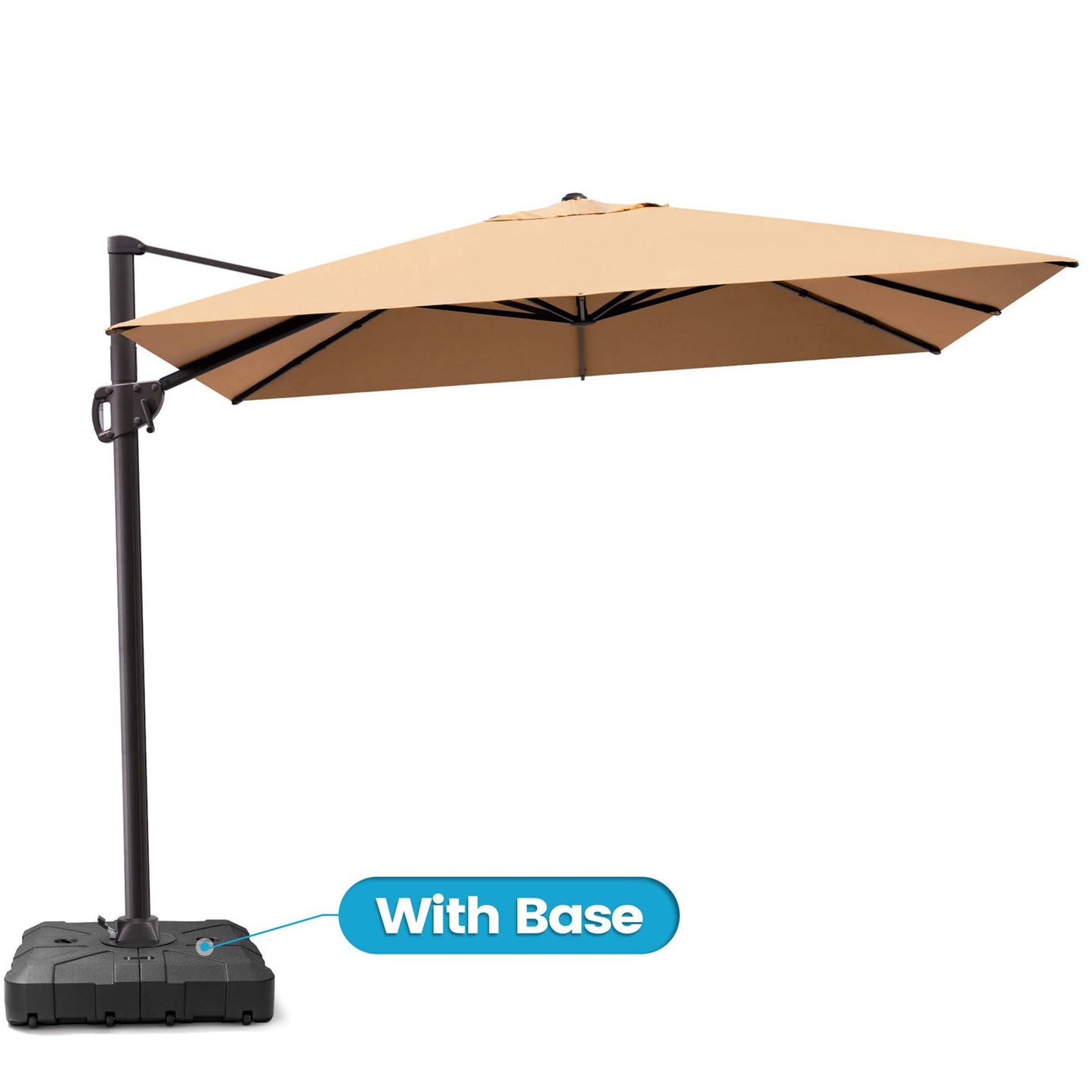 Beige rectangular cantilever umbrella with weighted base.