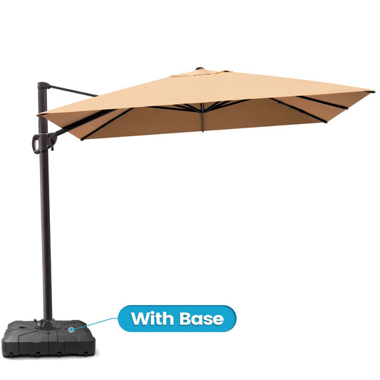 Beige rectangular cantilever umbrella with weighted base.