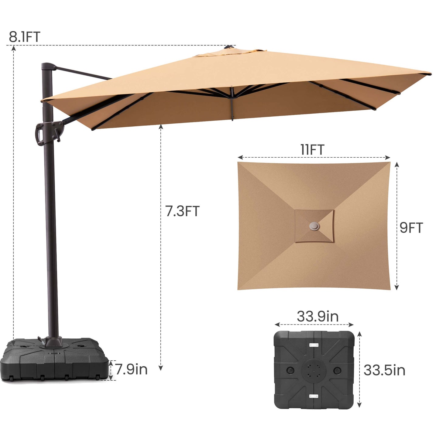 11x9 FT beige rectangular cantilever umbrella & weighted base dimensions.