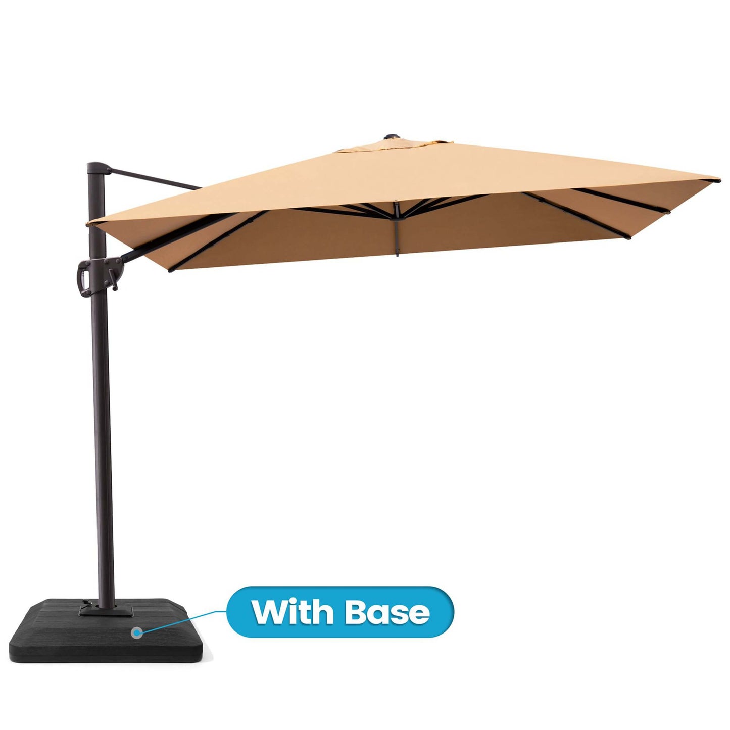 Beige rectangular cantilever patio umbrella with weighted base.