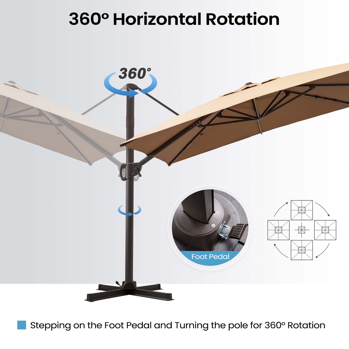 360° rotating beige cantilever umbrella with foot pedal.