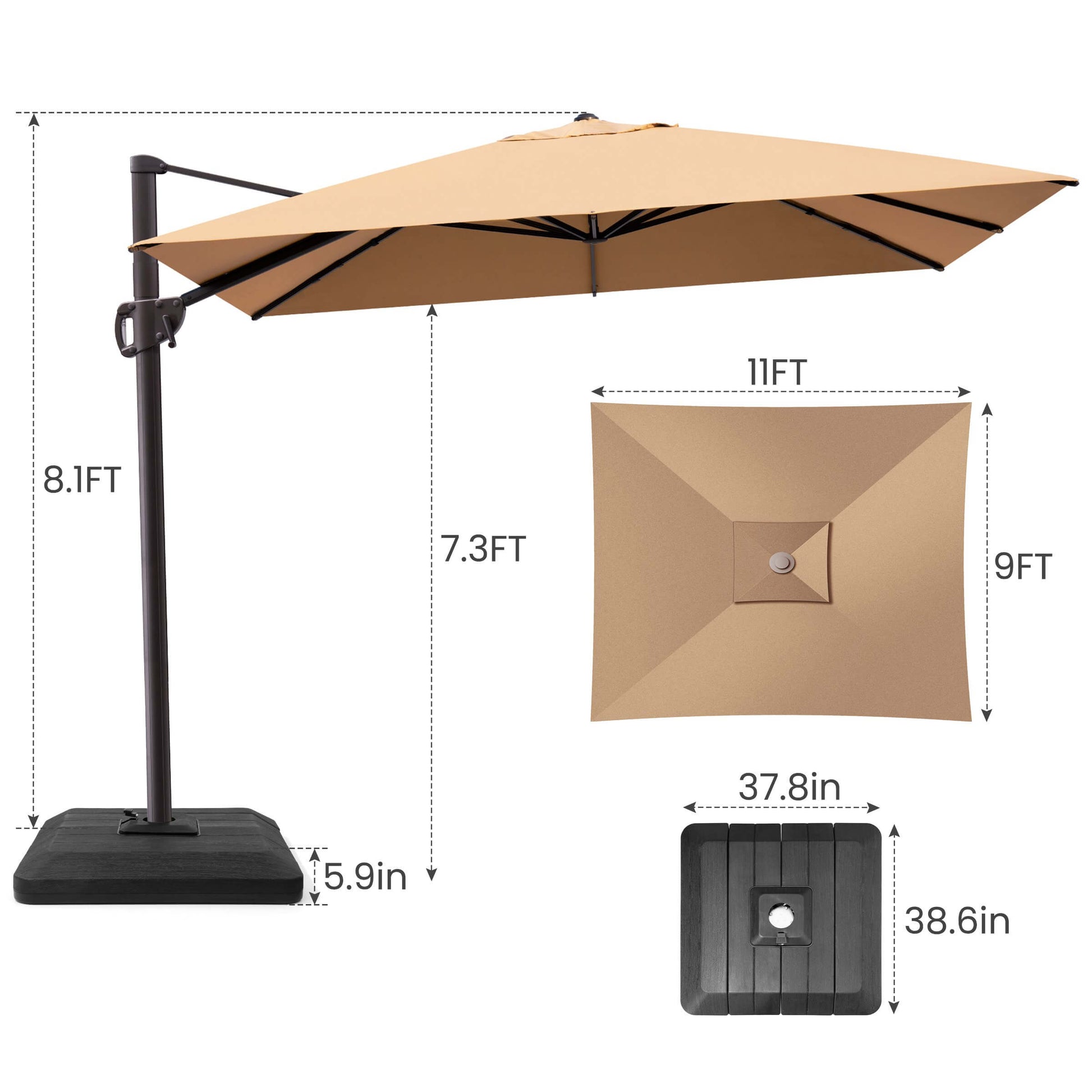 Beige rectangular cantilever umbrella with weighted base over poolside dining set.