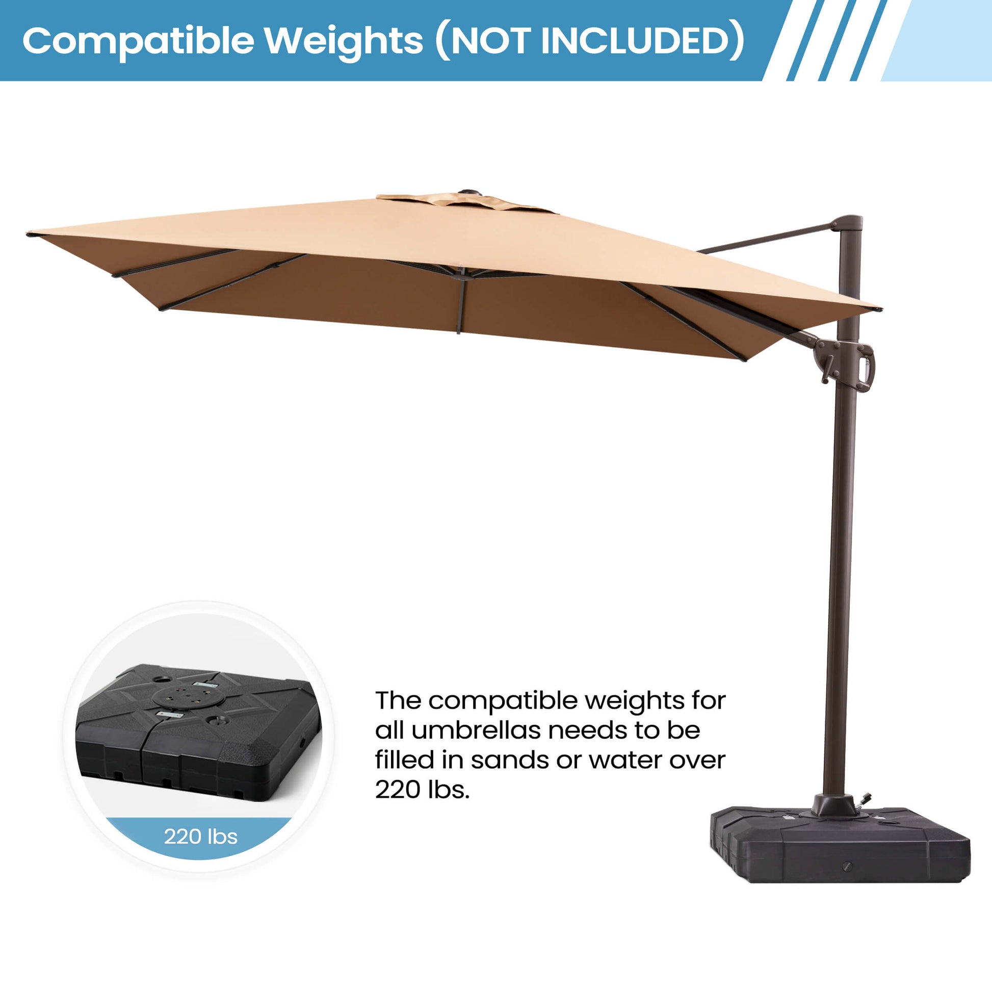 Beige rectangular cantilever umbrella requiring 220 lbs base weights.
