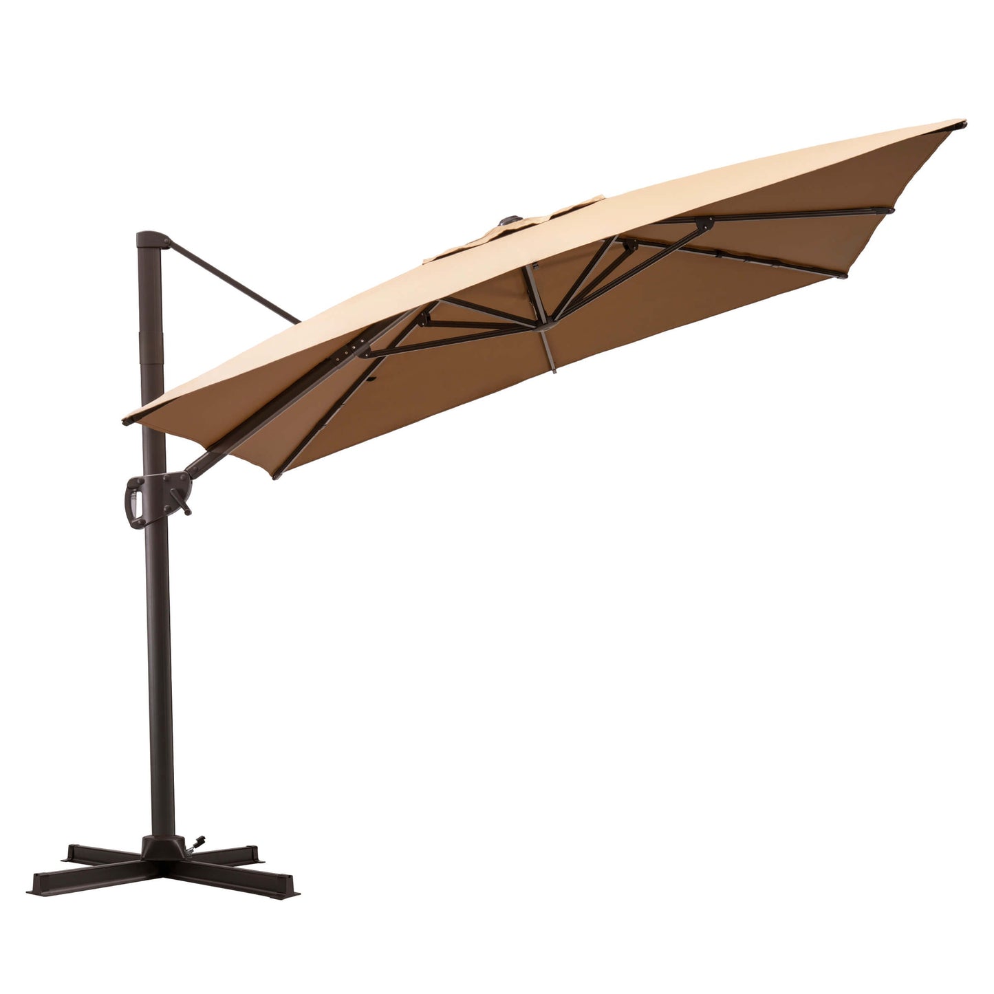 Tilted beige rectangular cantilever patio umbrella with cross base.