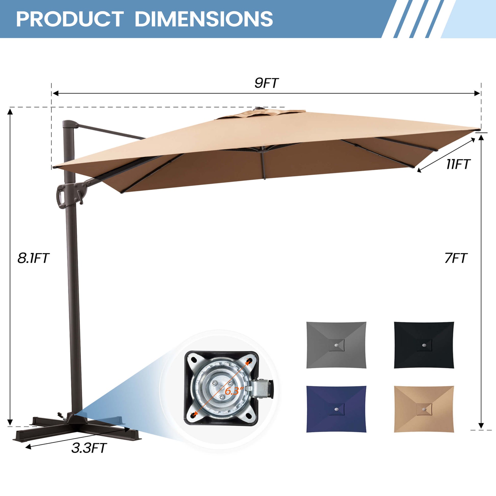 11x9 FT beige rectangular cantilever umbrella dimensions, cross base, and color options.