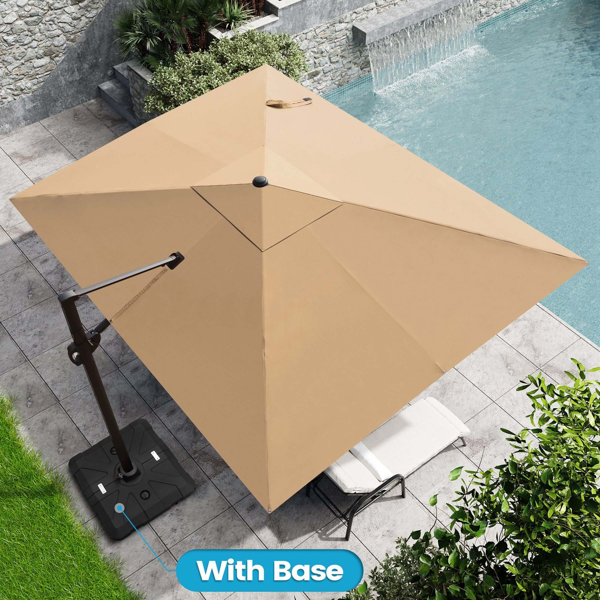 Beige rectangular cantilever umbrella with wheeled base over a poolside lounge chair.