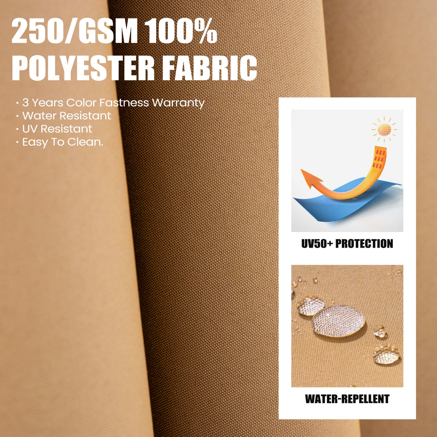Beige 250gsm polyester umbrella fabric with UV50+ protection and water-repellent coating.