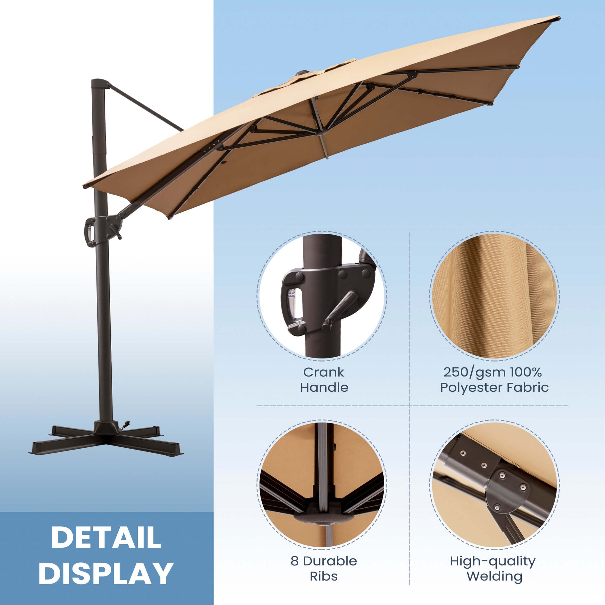 Beige cantilever umbrella features: crank handle, 8 durable ribs, and 250gsm fabric.