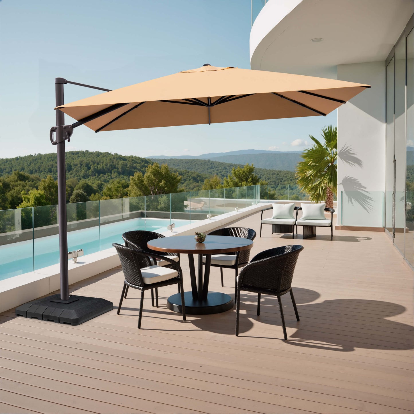 Beige rectangular cantilever patio umbrella with weighted base.