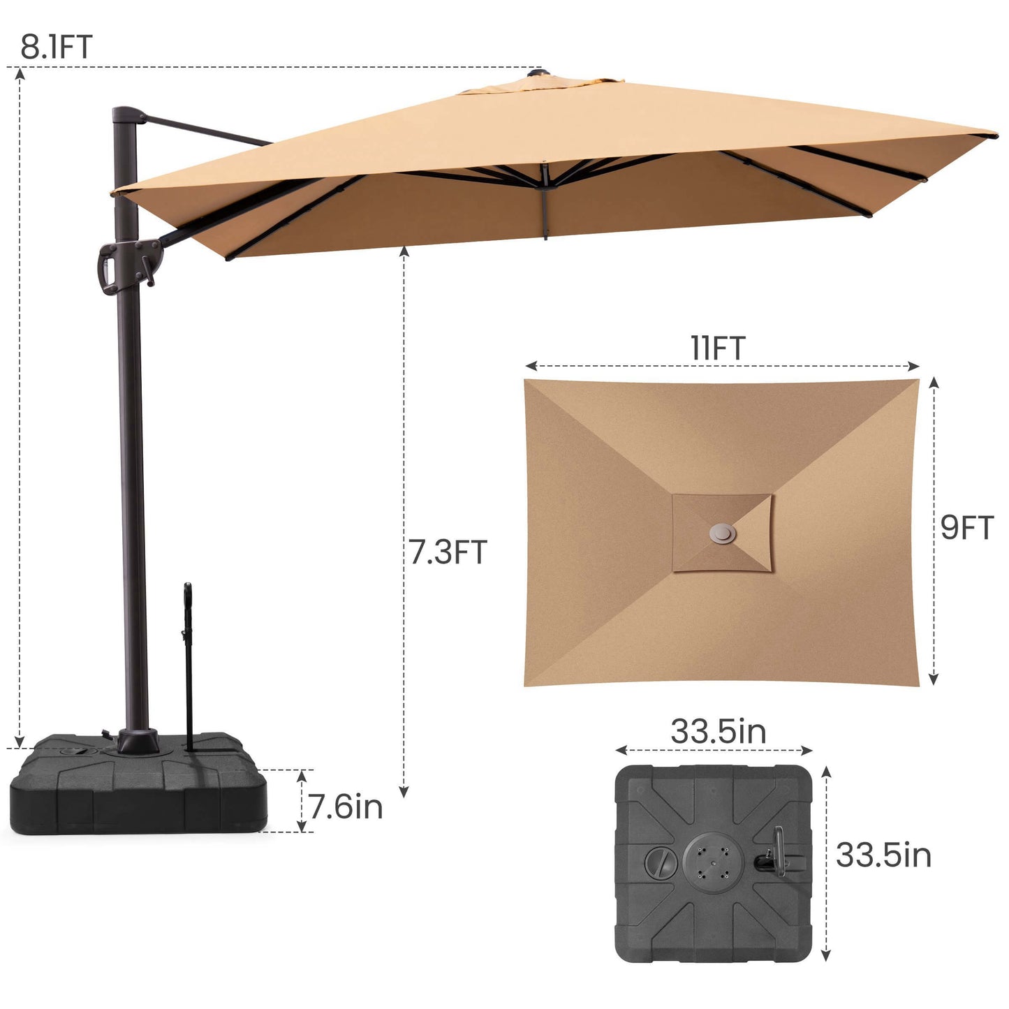 11x9 FT beige rectangular cantilever umbrella & pull-rod base dimensions.