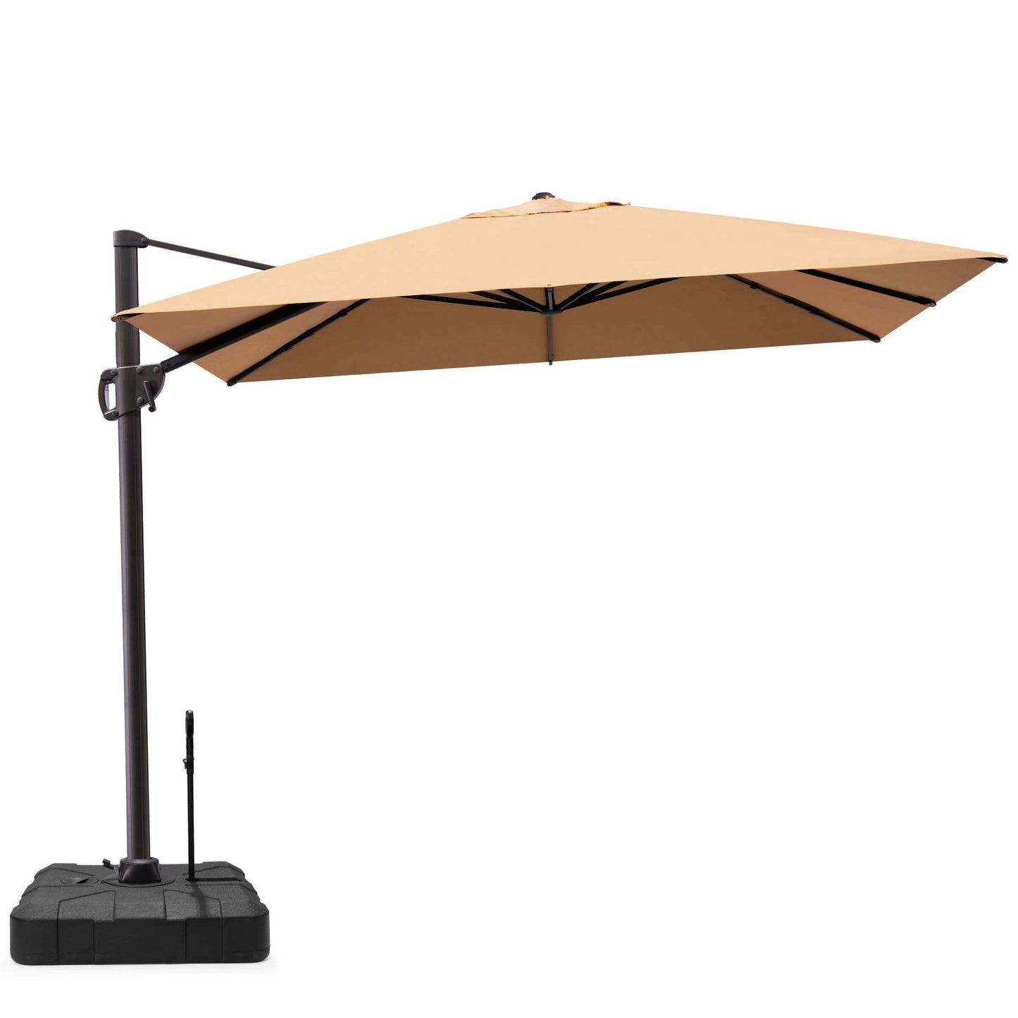 Beige rectangular cantilever patio umbrella with pull-rod base.