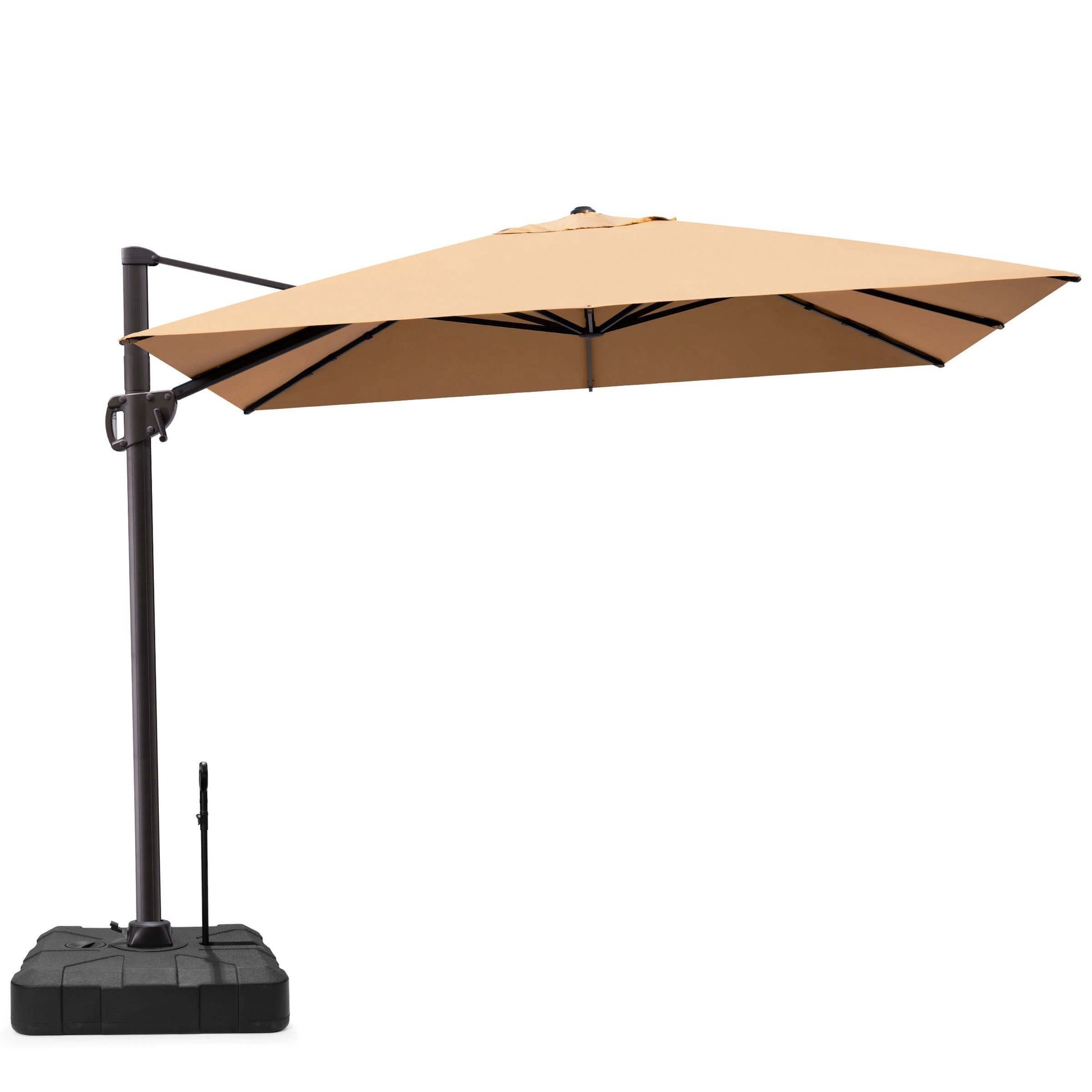 Beige rectangular cantilever patio umbrella with pull-rod base.