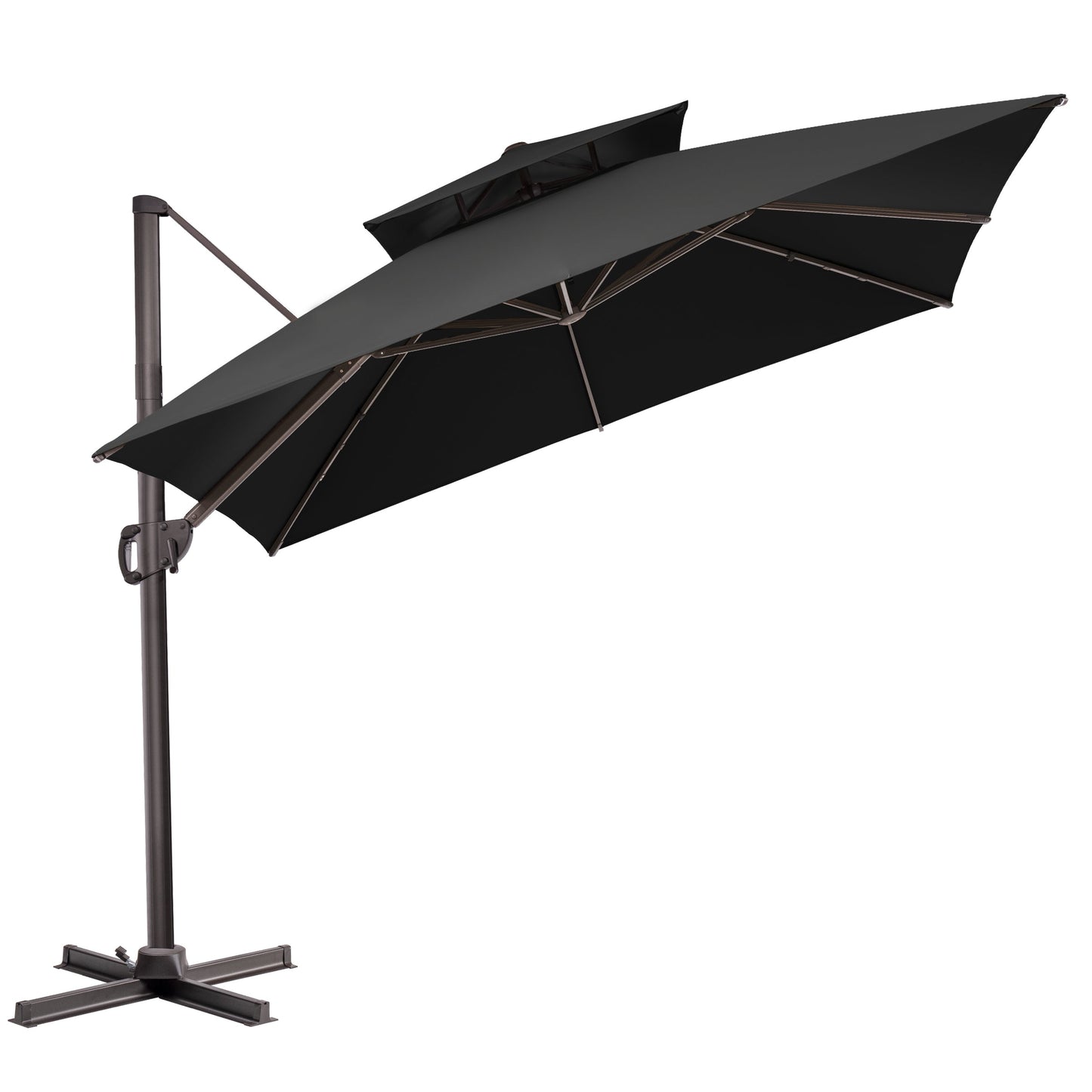 Tilted Crestlive 10x10 ft square black cantilever patio umbrella with double top vent and steel cross base