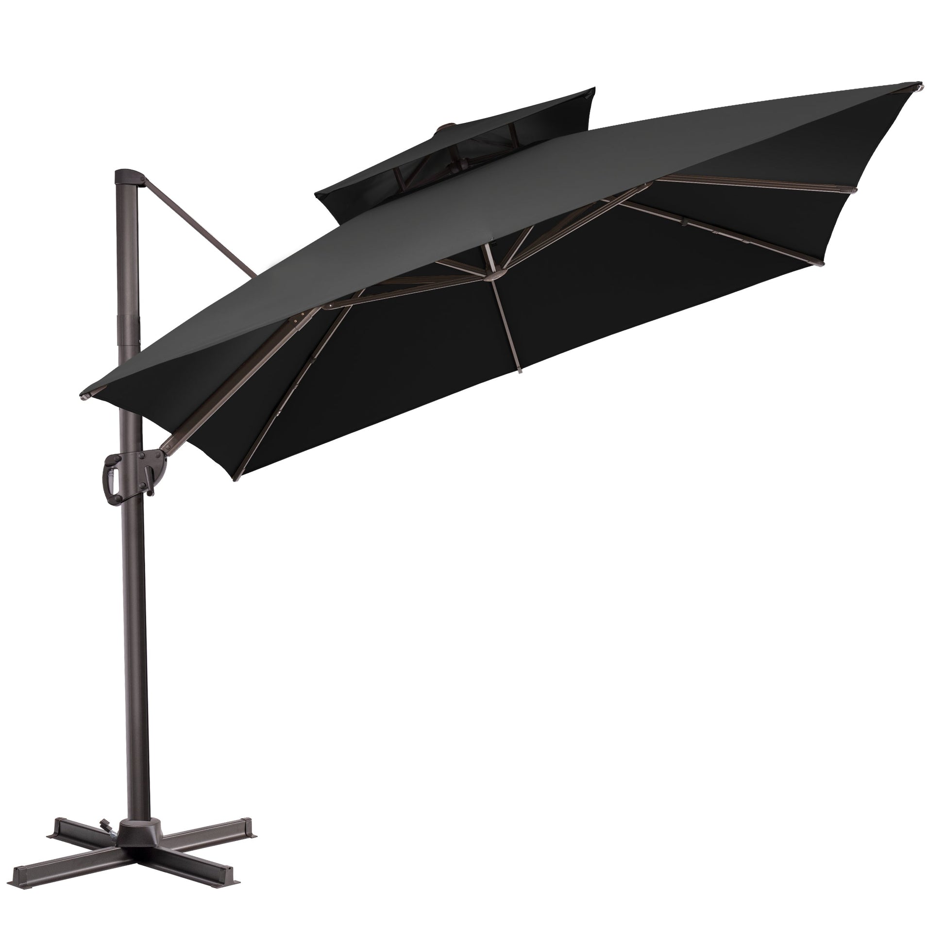 Tilted Crestlive 10x10 ft square black cantilever patio umbrella with double top vent and steel cross base
