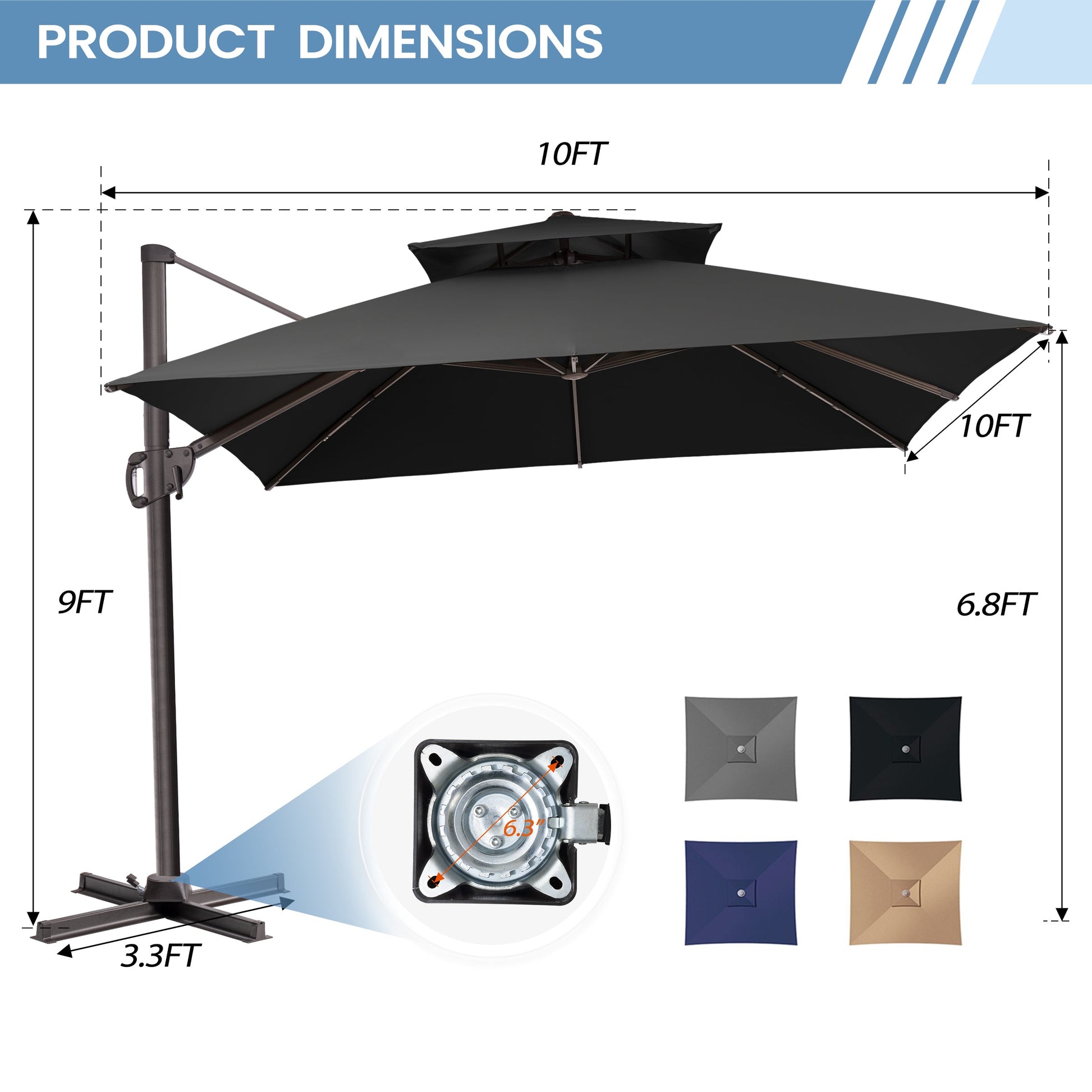 Product dimensions for black 10x10 ft square cross base patio umbrella showing 9ft height and 6.3 inch hole distance