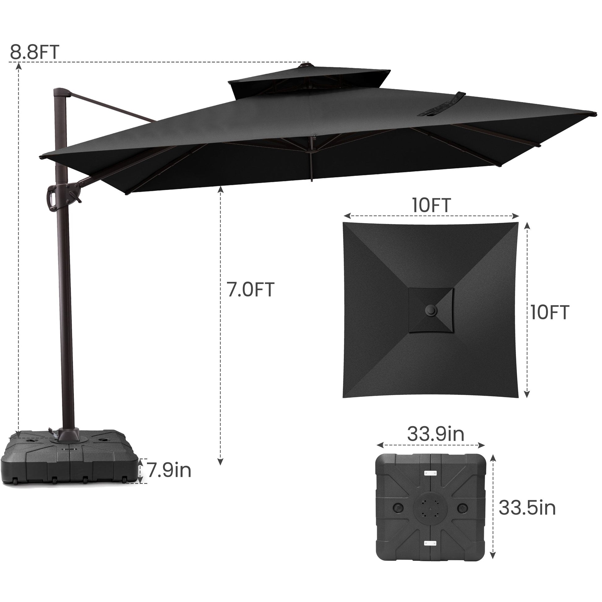 Size guide for Crestlive 10x10 ft square black cantilever umbrella showing 8.8ft total height and wheeled mobile base