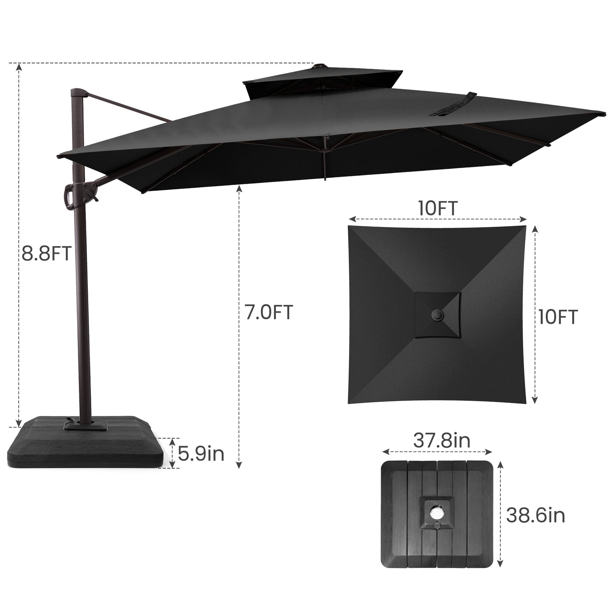 Size guide for Crestlive 10x10 ft square black cantilever umbrella showing 8.8ft total height and low-profile base