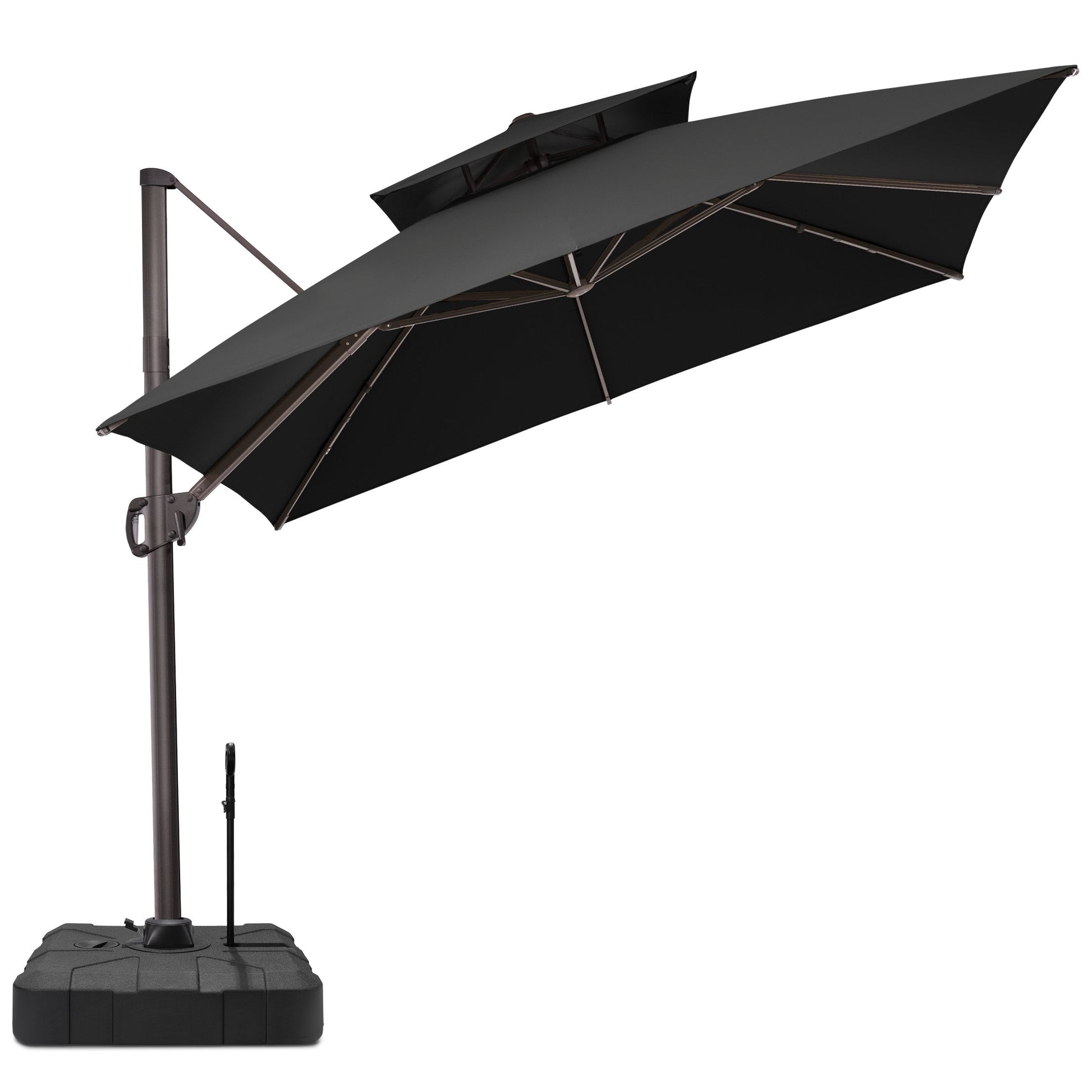 Crestlive black double top cantilever offset patio umbrella tilted to the side with heavy duty weighted base and handle.