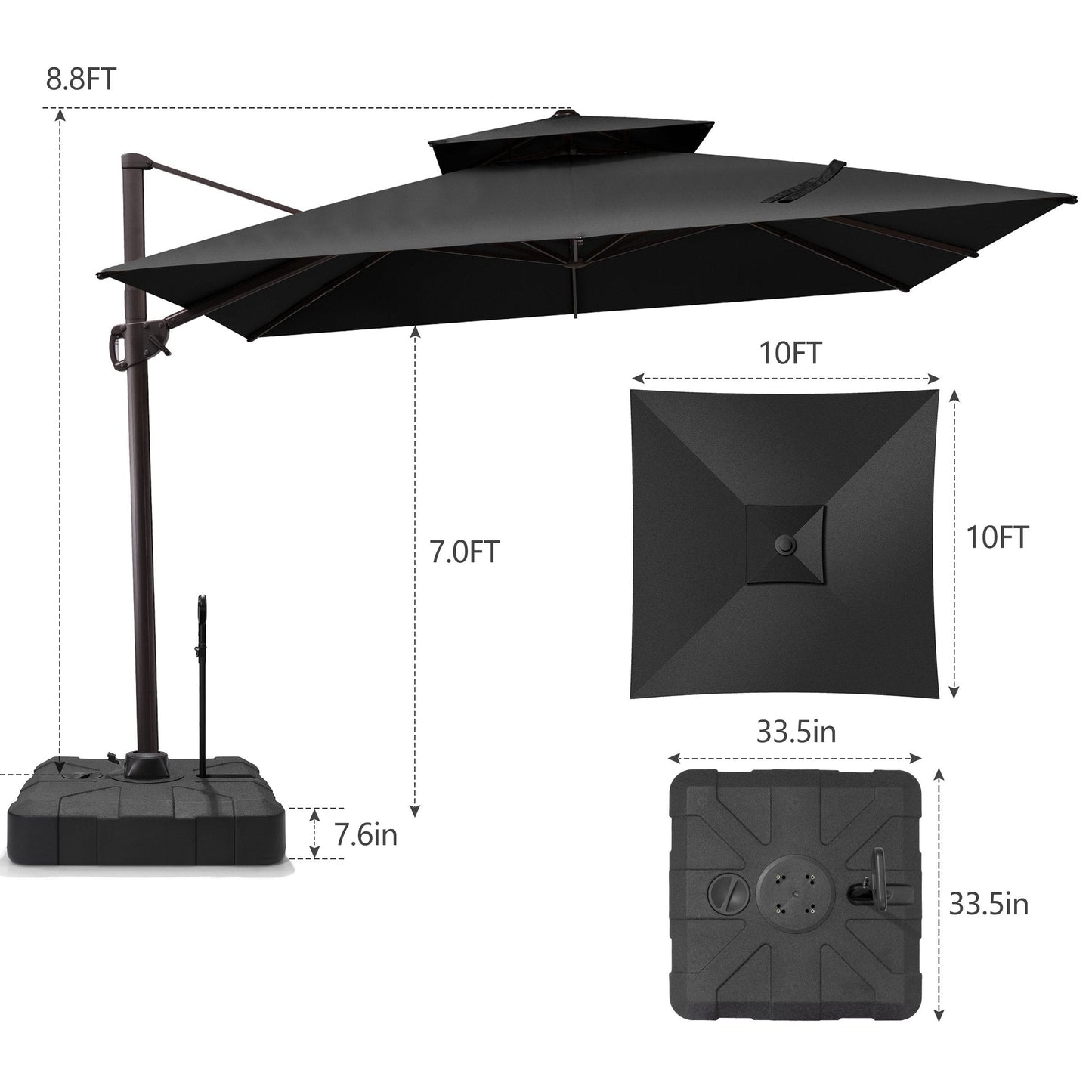 Size guide for Crestlive 10x10 ft square black cantilever umbrella showing 8.8ft total height and heavy-duty base
