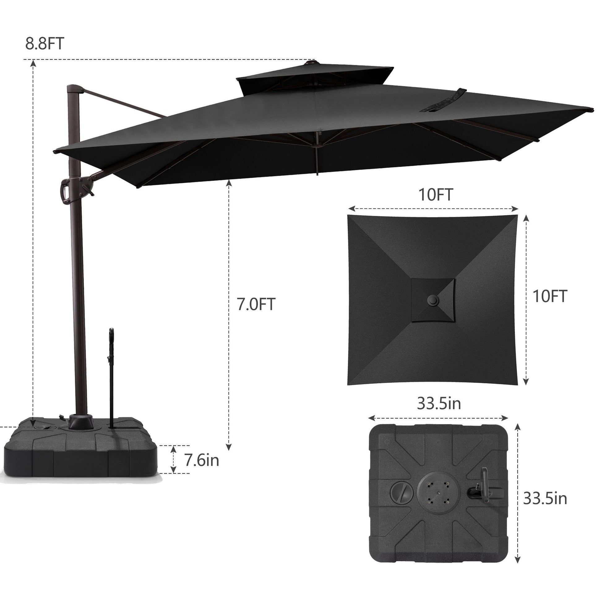 Size guide for Crestlive 10x10 ft square black cantilever umbrella showing 8.8ft total height and heavy-duty base