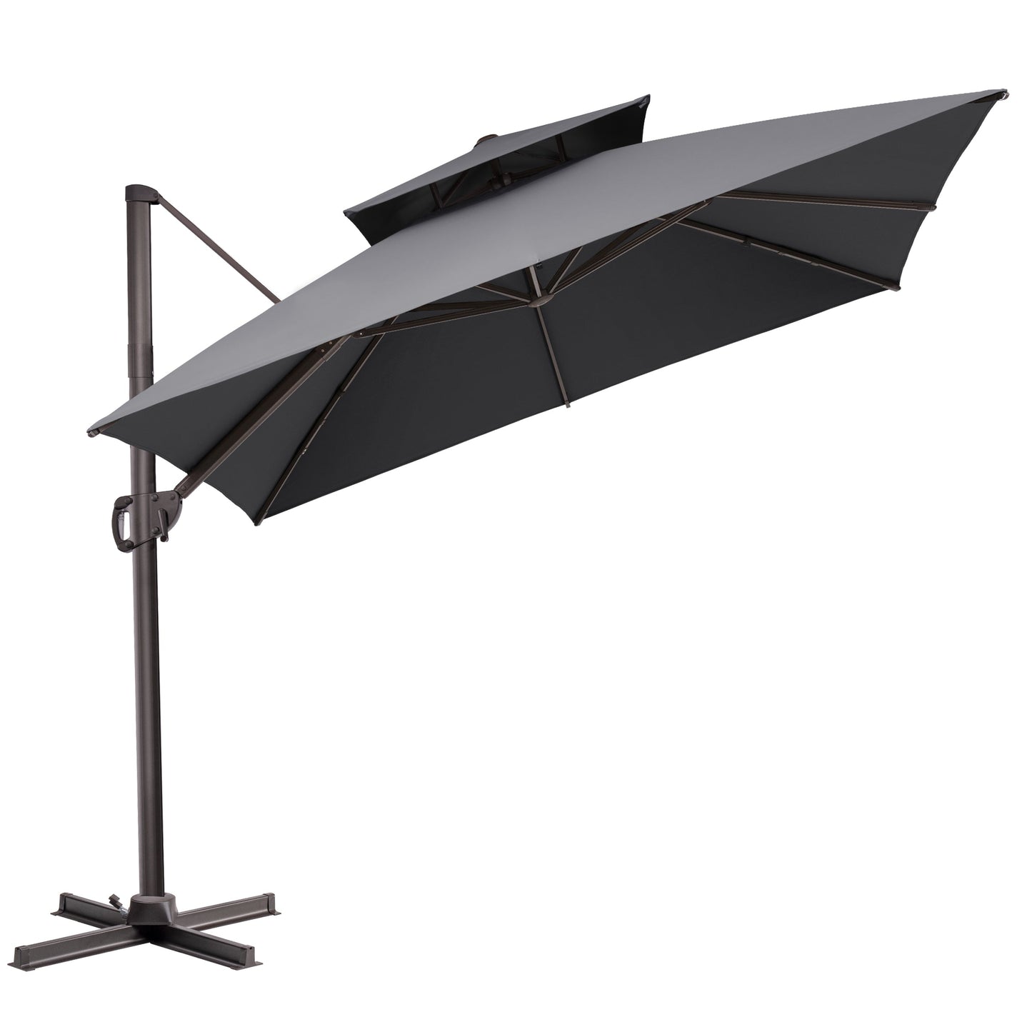 Tilted Crestlive 10x10 ft square grey cantilever patio umbrella featuring double top and steel cross base