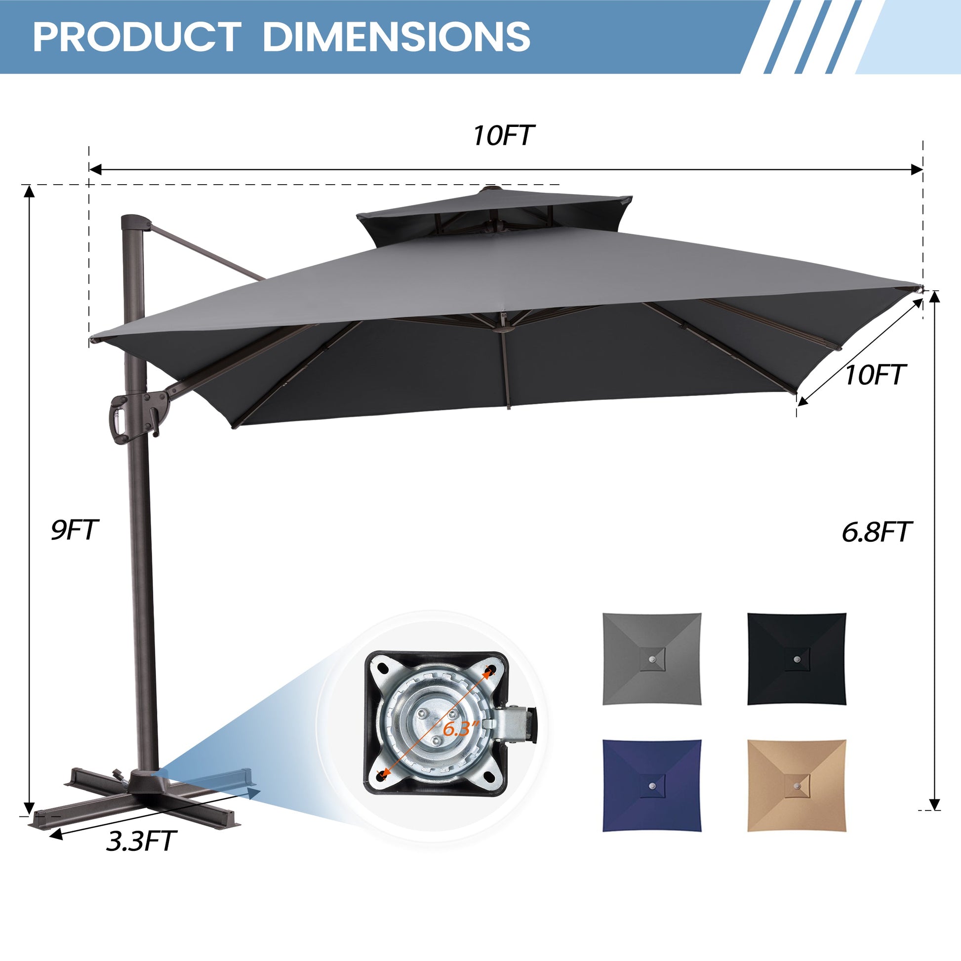 Product dimensions for grey 10x10 ft square cross base patio umbrella showing 9ft height and 6.3 inch hole distance