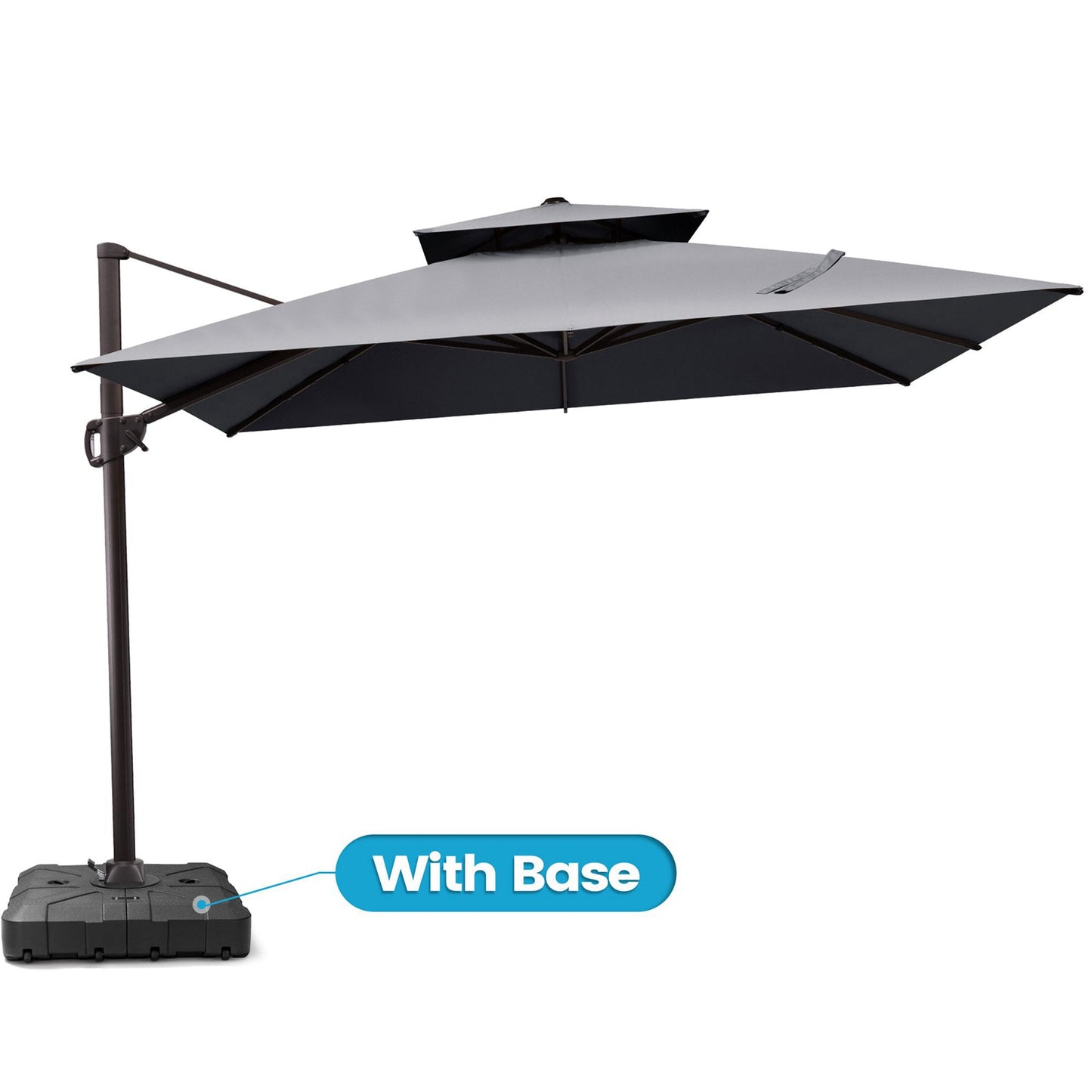 Crestlive 10x10 ft square grey patio cantilever umbrella featuring a with base label highlighting the heavy-duty base
