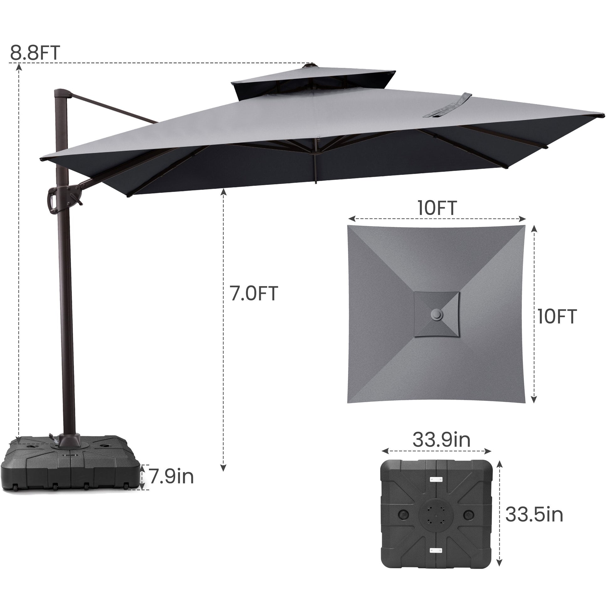 Size guide for Crestlive 10x10 ft square grey cantilever umbrella showing 8.8ft height and wheeled mobile base