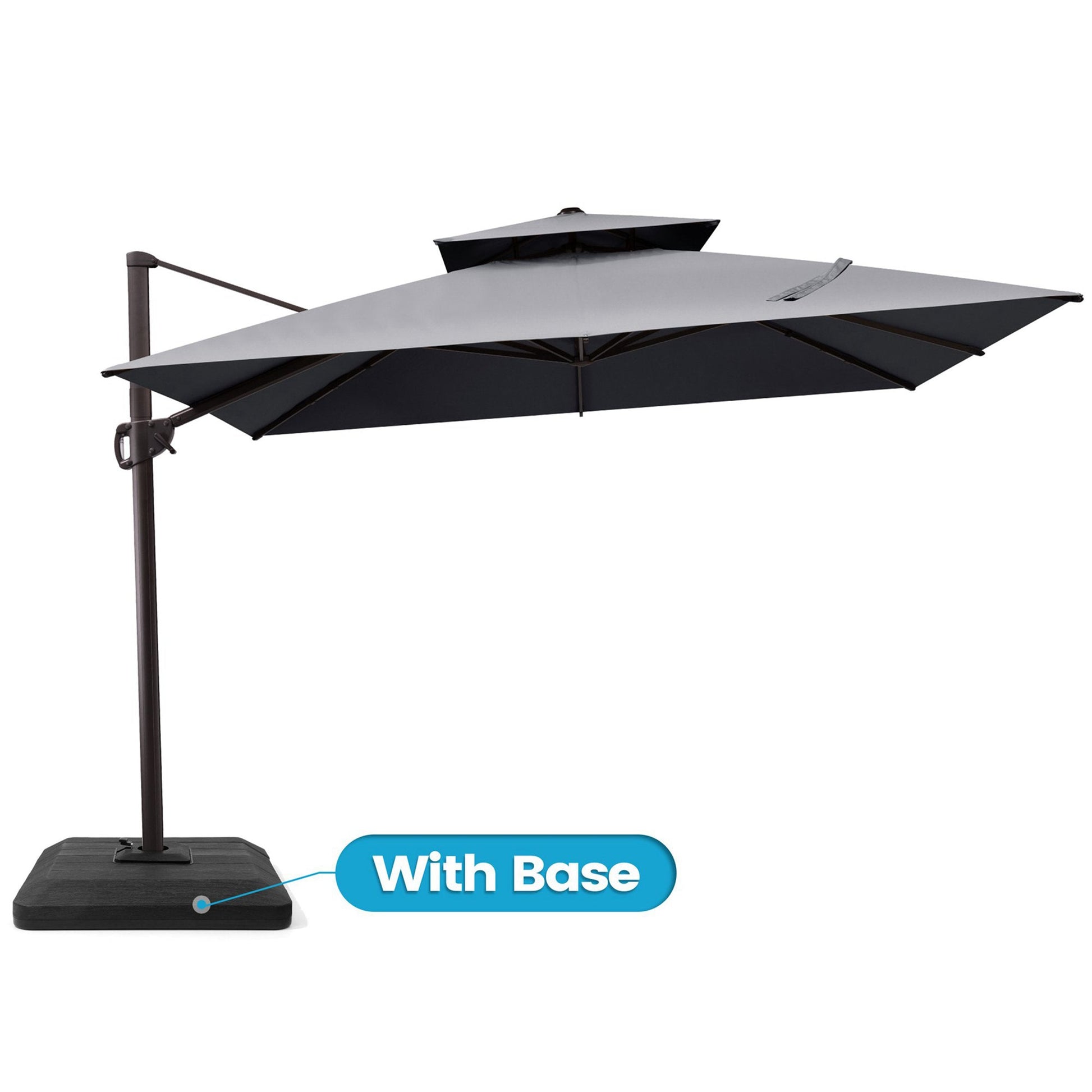 Crestlive 10x10 ft square grey patio cantilever umbrella featuring a with base label highlighting the flat low-profile base