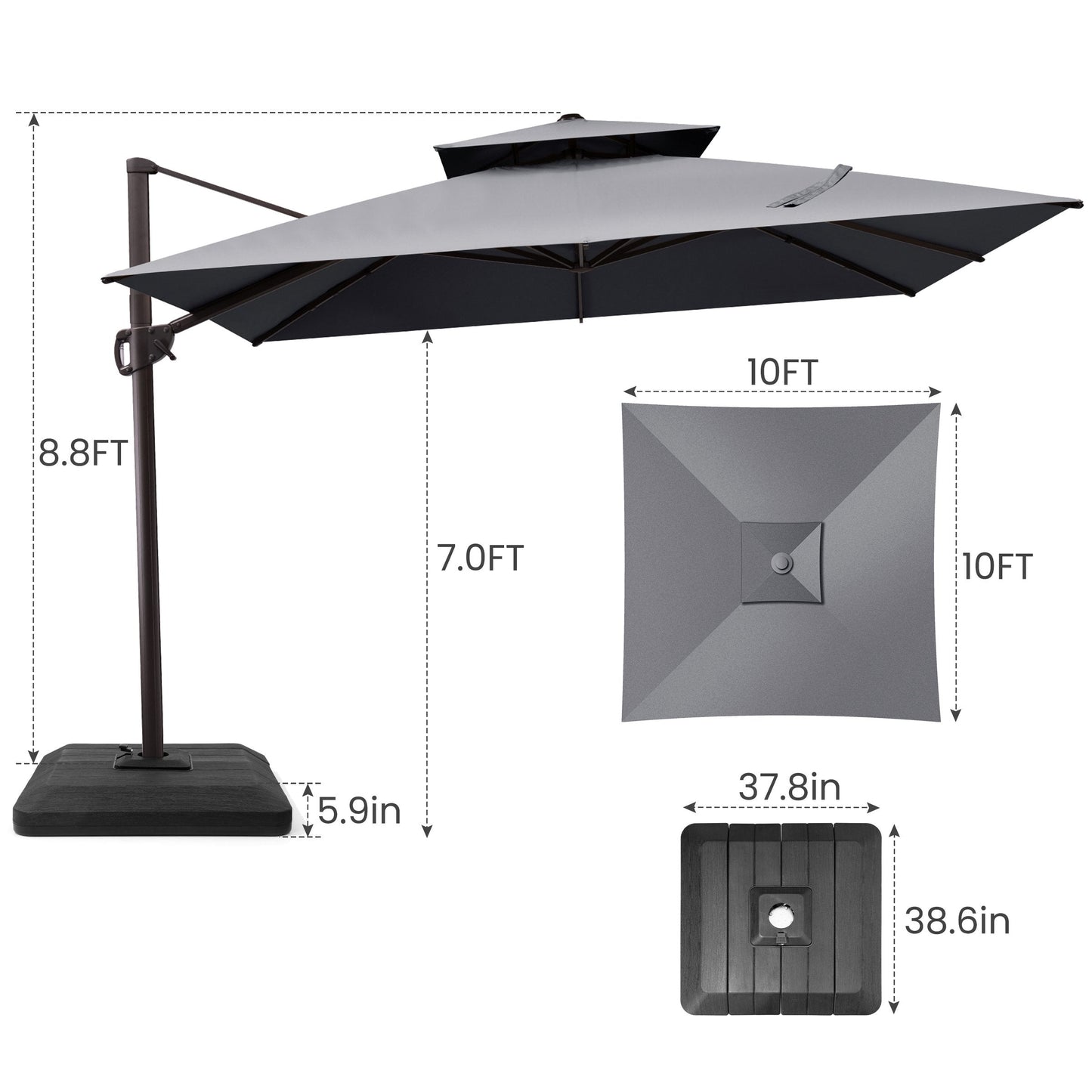 Size guide for Crestlive 10x10 ft square grey cantilever umbrella showing 8.8ft total height and low-profile base