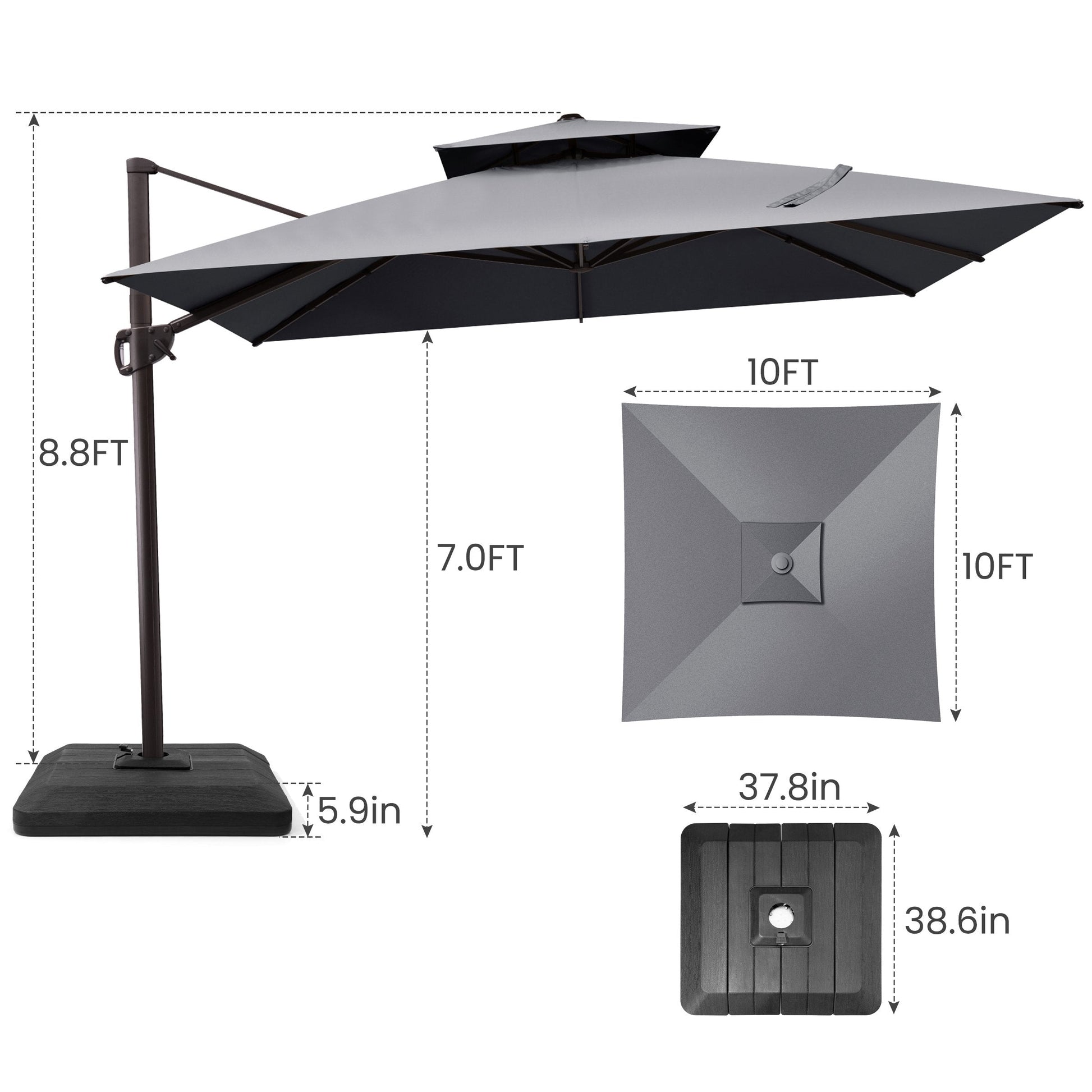Size guide for Crestlive 10x10 ft square grey cantilever umbrella showing 8.8ft total height and low-profile base