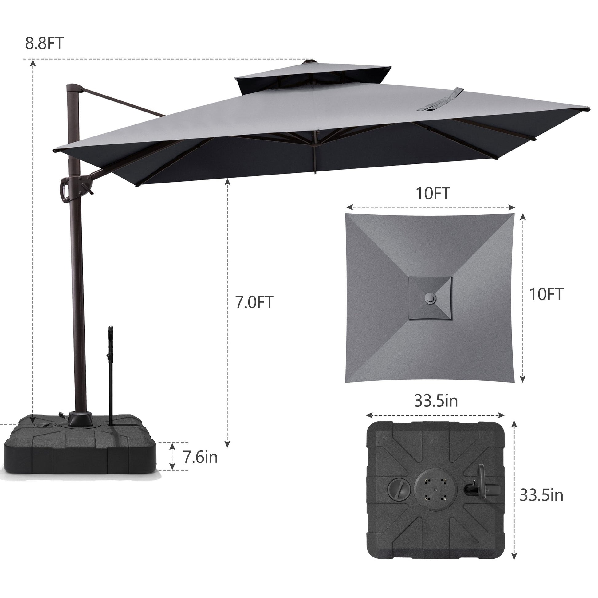 Size guide for Crestlive 10x10 ft square grey cantilever umbrella showing 8.8ft total height and heavy-duty base