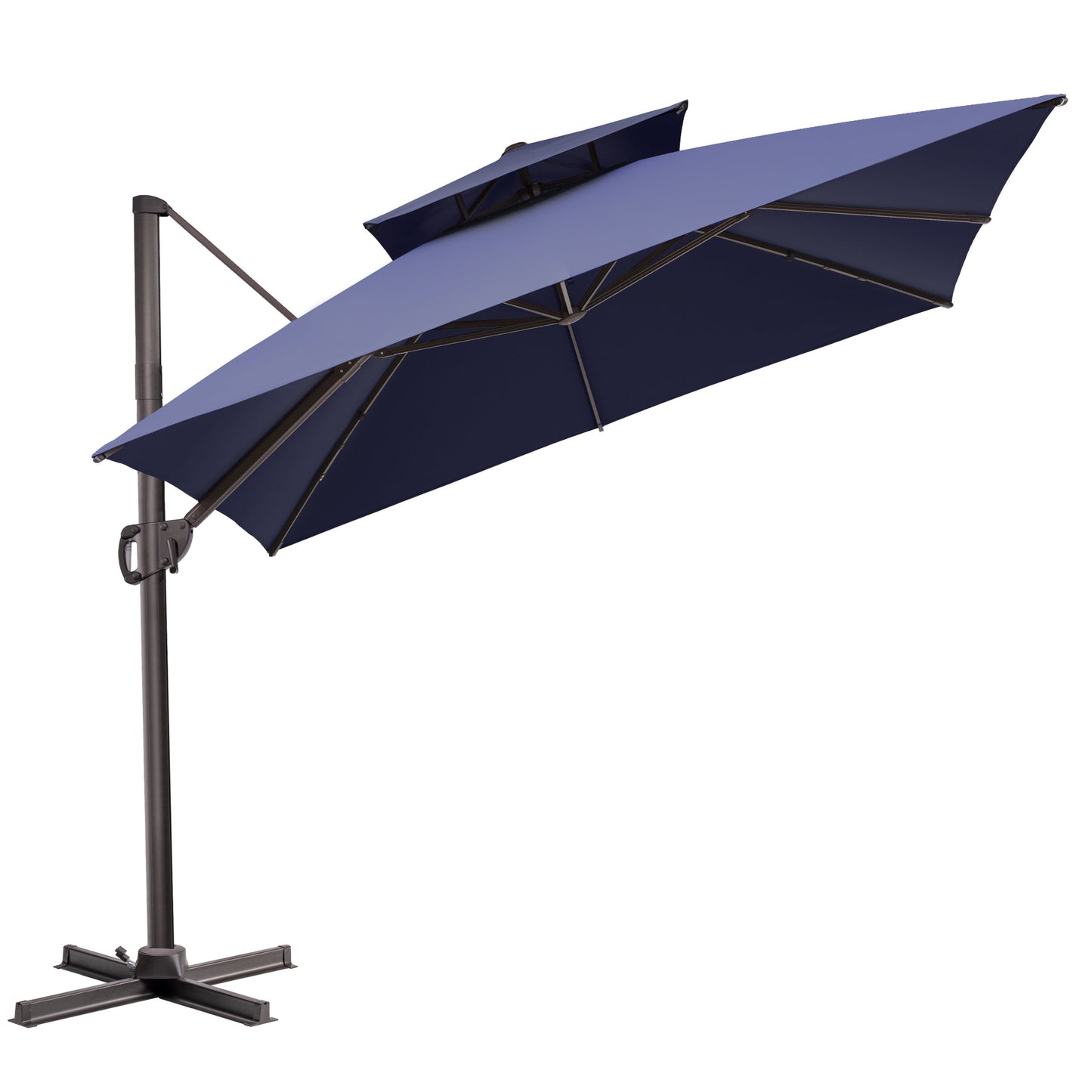 Tilted Crestlive 10x10 ft square navy blue cantilever patio umbrella featuring double top and steel cross base