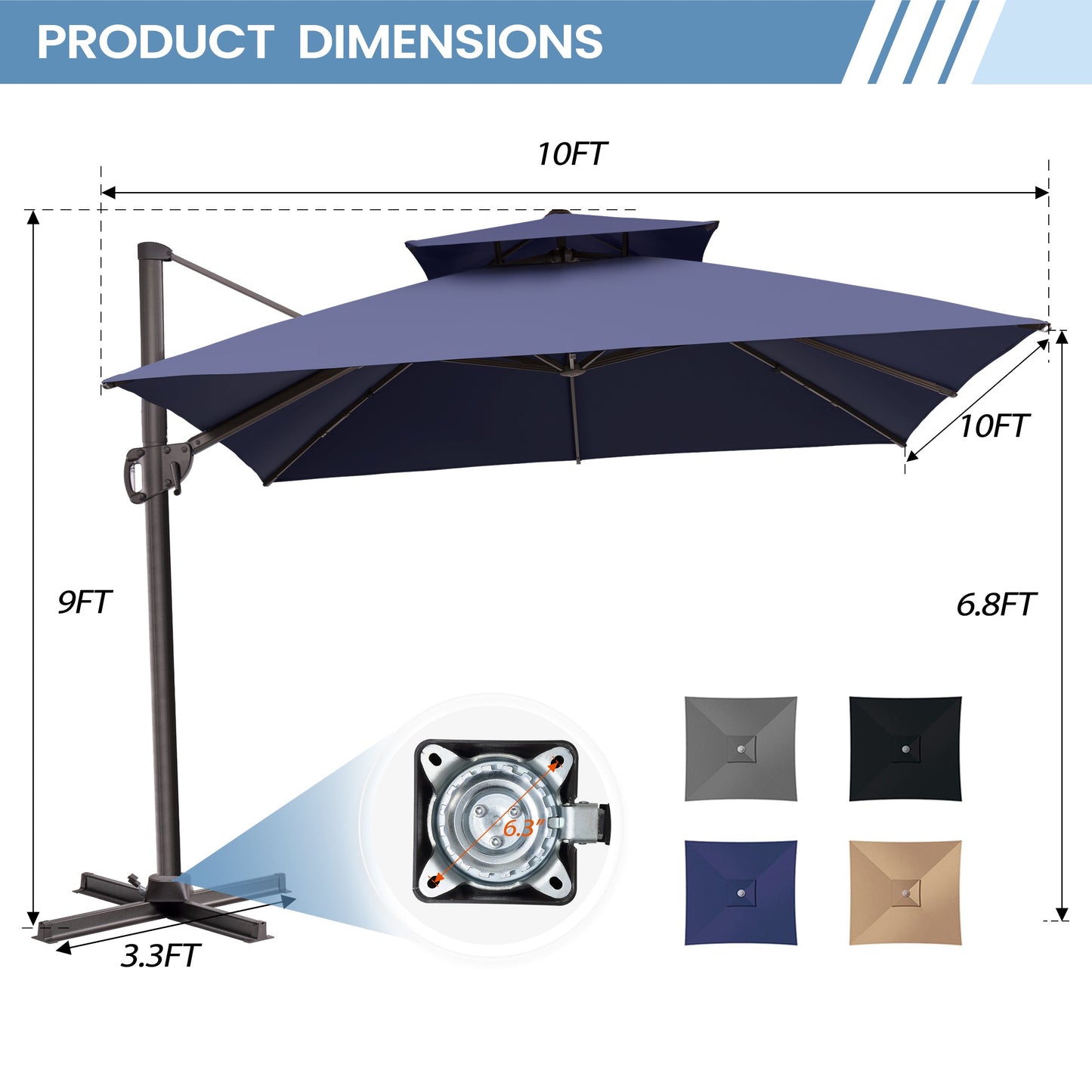 Product dimensions for navy blue 10x10 ft square cross base patio umbrella showing 9ft height and 6.3 inch hole distance
