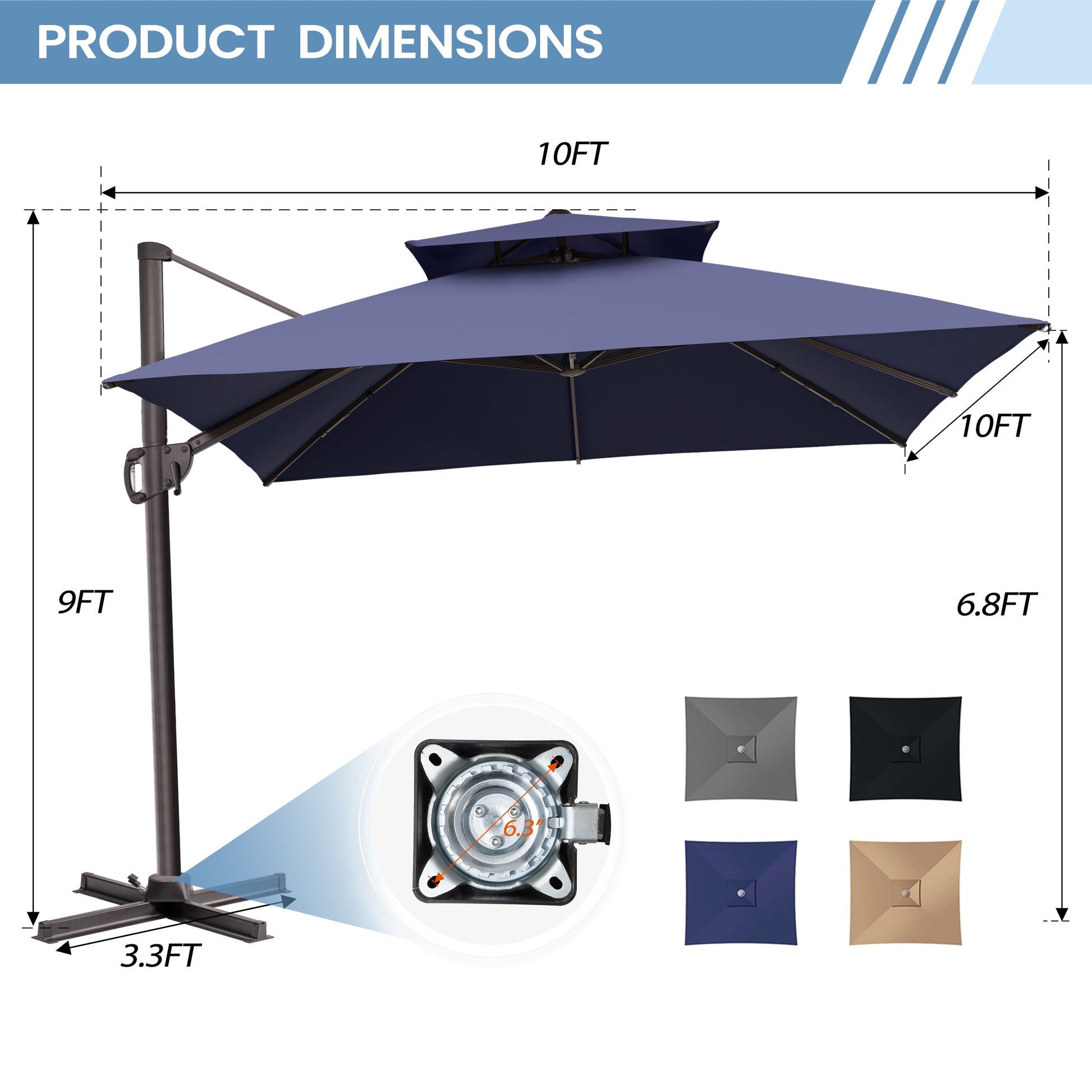 Product dimensions for navy blue 10x10 ft square cross base patio umbrella showing 9ft height and 6.3 inch hole distance