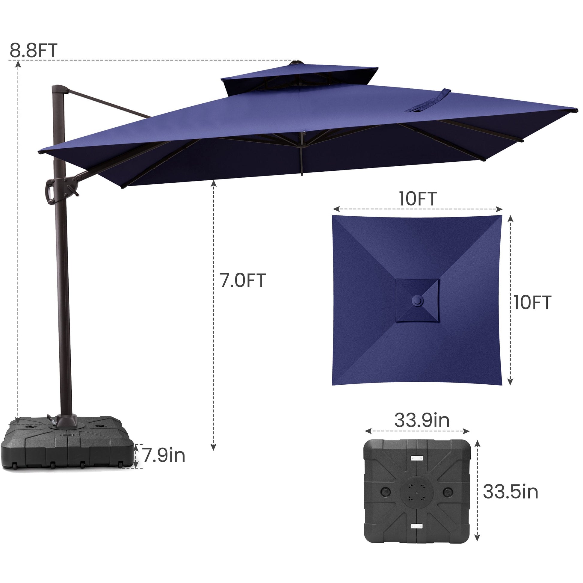 Size guide for Crestlive 10x10 ft square navy blue cantilever umbrella showing 8.8ft height and wheeled mobile base