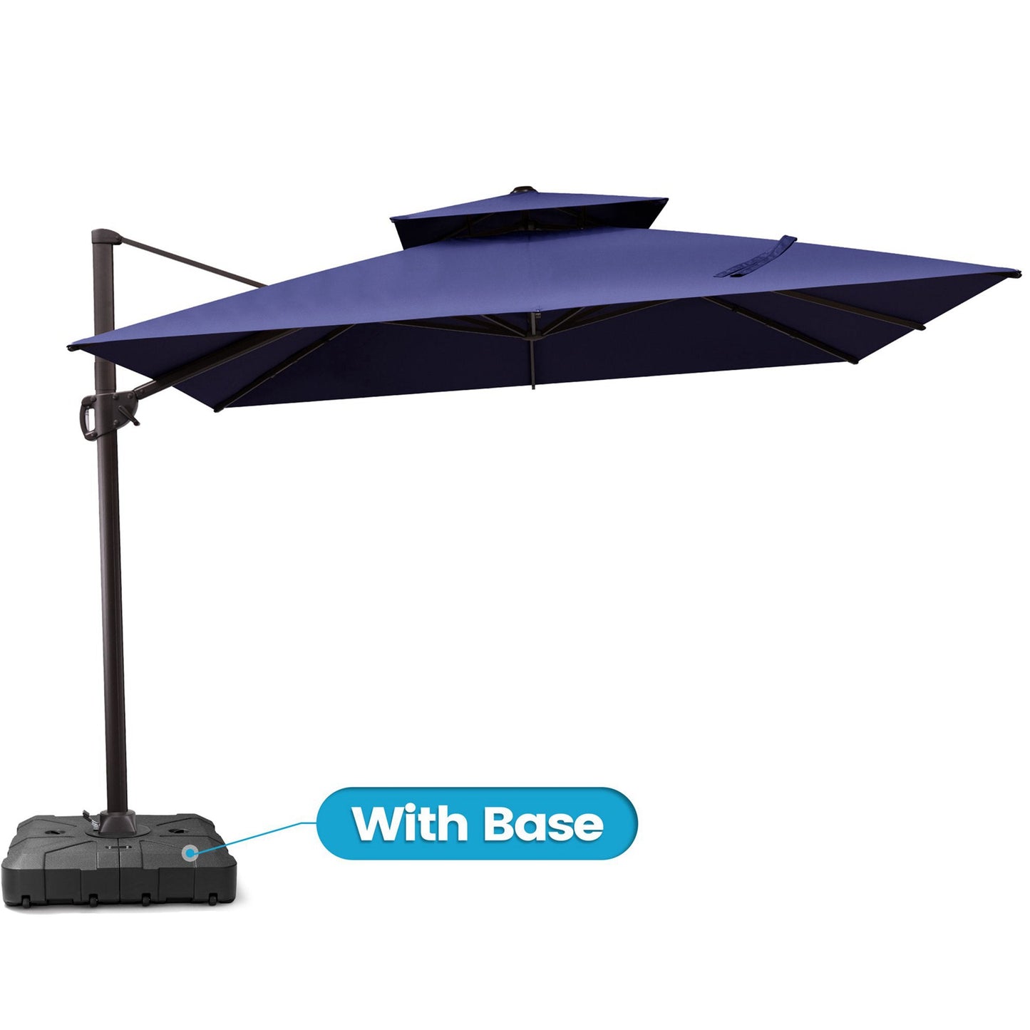 Crestlive 10x10 ft square navy blue patio cantilever umbrella featuring a with base label highlighting the heavy-duty base