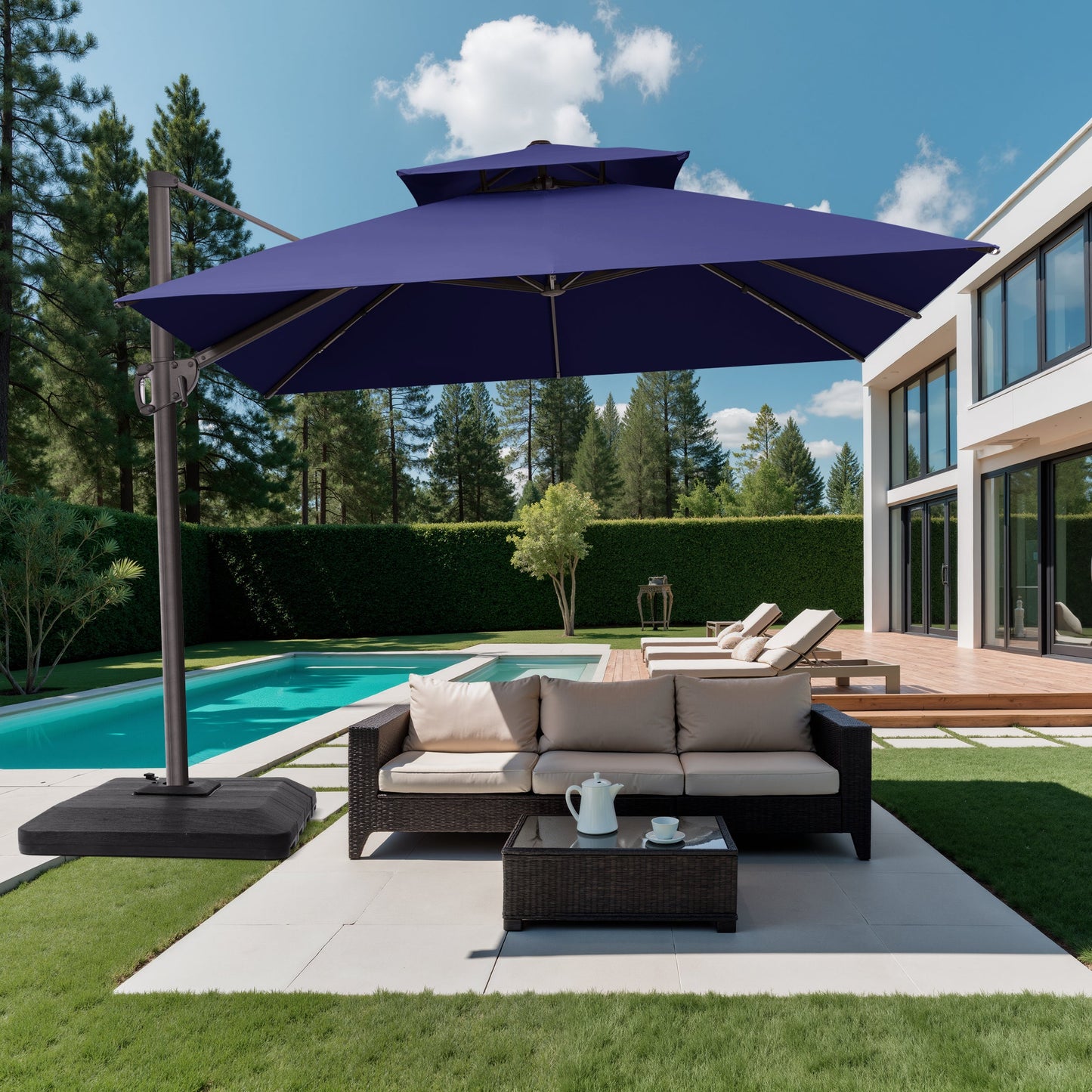 10x10 ft square navy blue cantilever umbrella with low-profile base shading a patio sofa set at a modern villa poolside