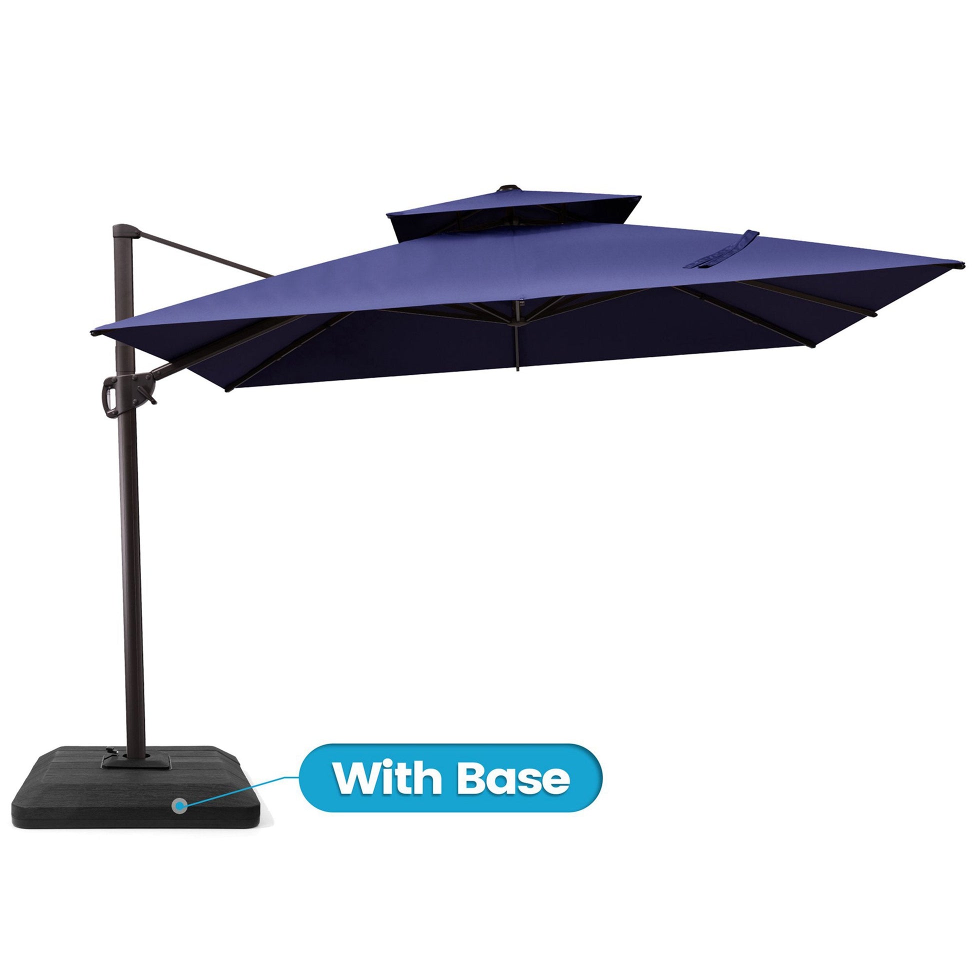 Crestlive 10x10 ft square navy blue cantilever umbrella featuring a with base label highlighting the flat low-profile base