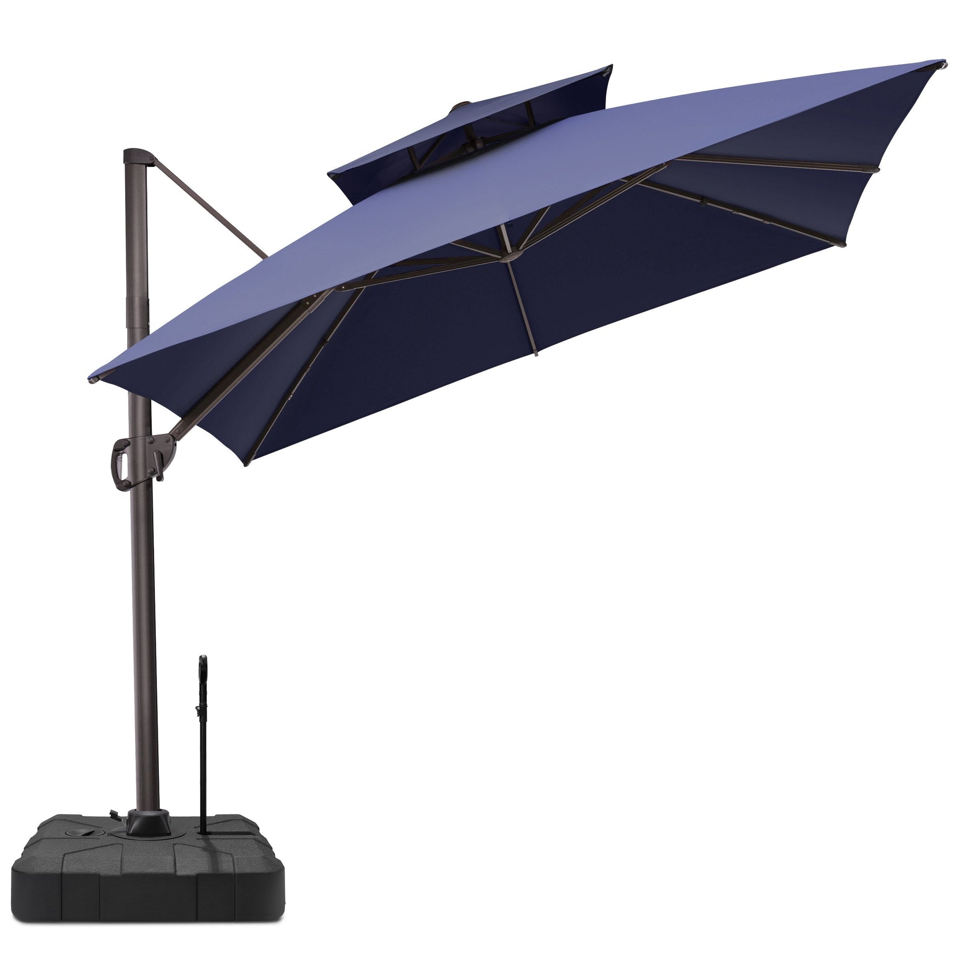 Tilted Crestlive 10x10 ft square navy blue cantilever patio umbrella featuring double top and wheeled mobile base