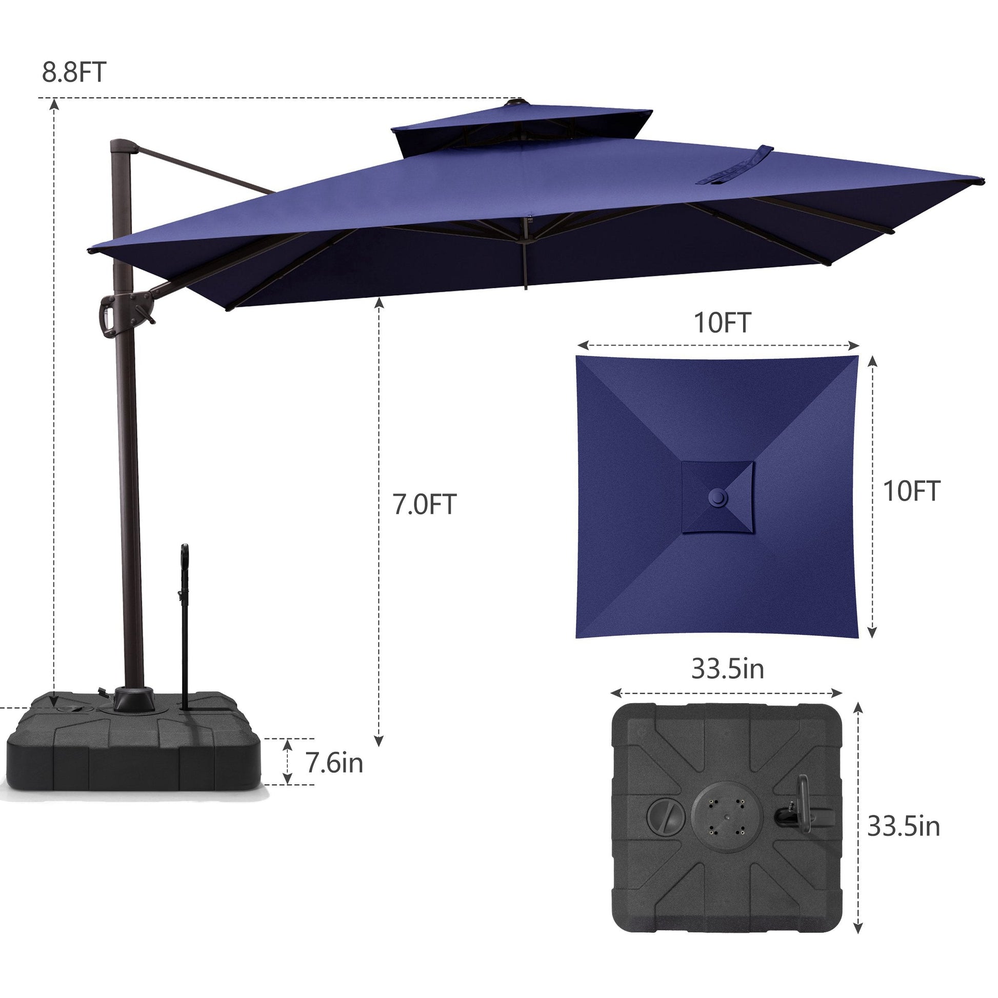 Size guide for Crestlive 10x10 ft square navy blue cantilever umbrella showing 8.8ft total height and heavy-duty base