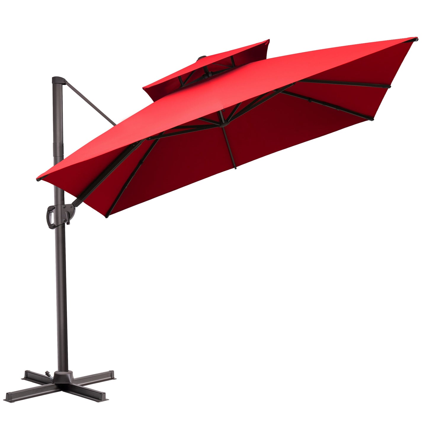 Tilted Crestlive 10x10 ft square red cantilever patio umbrella featuring double top and steel cross base