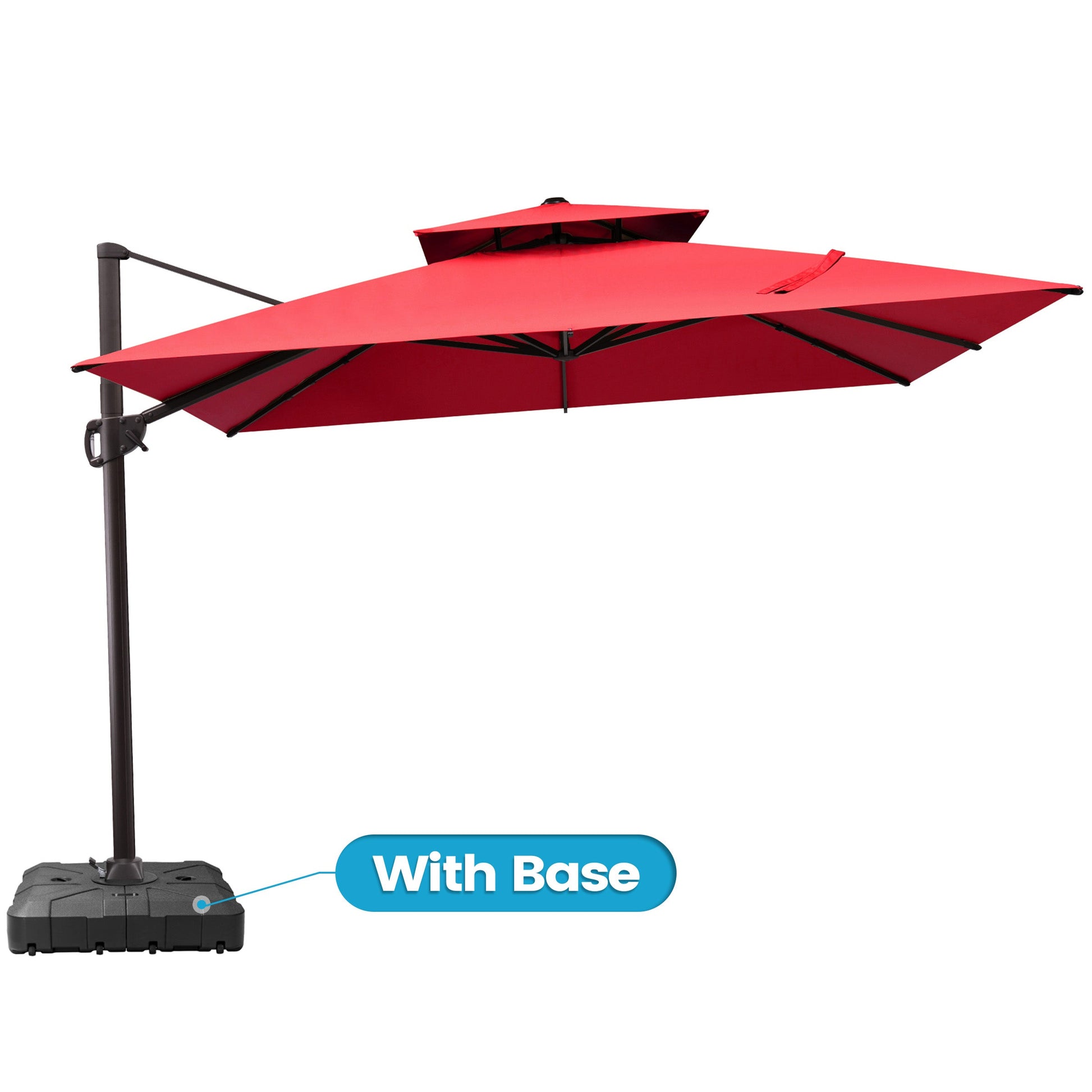 Crestlive 10x10 ft square red patio cantilever umbrella featuring a with base label highlighting the heavy-duty base